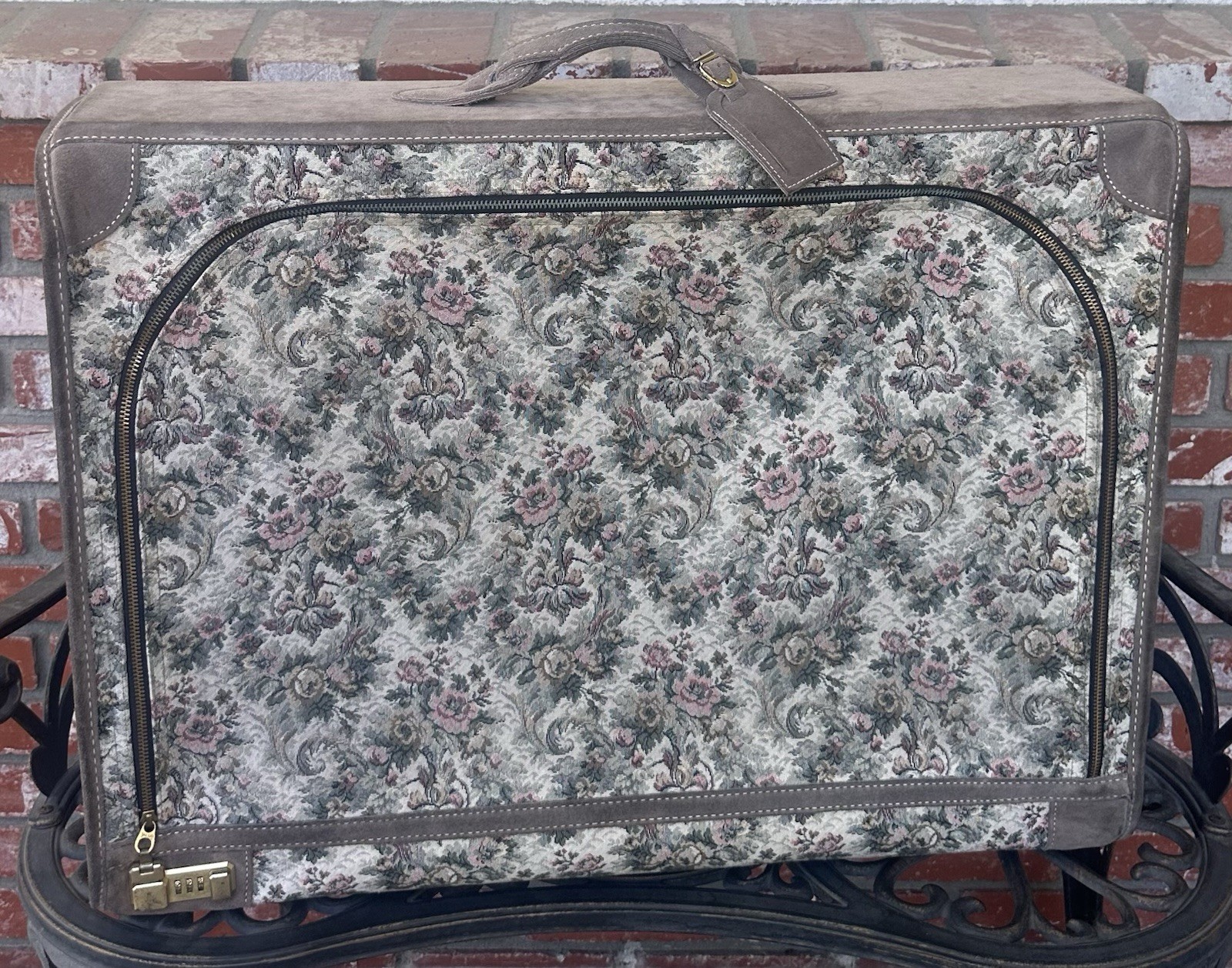 Vintage French Co Luggage; Grey Rose Tapestry W/Suede/ID Tag; Blue Int/Cmbo Lock