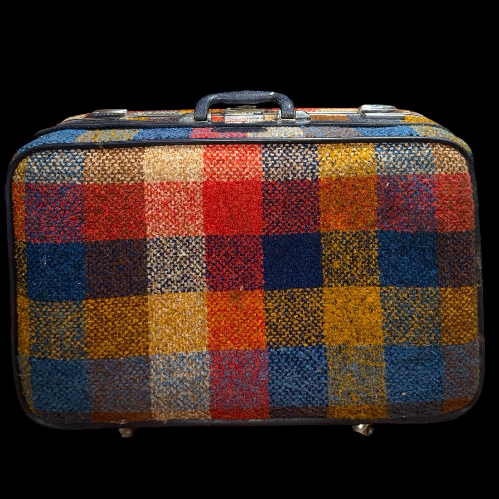 Vintage 1970s Skyway Plaid Tweed Boho Hippie Luggage Suitcase Detachable Strap