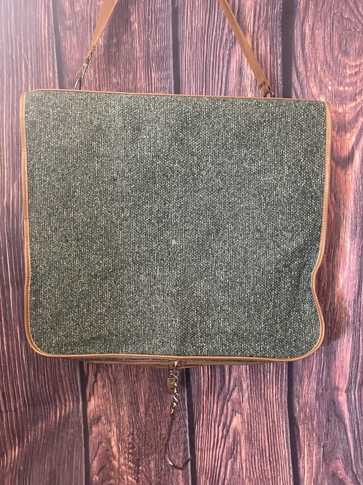 Vintage Oscar De La Renta Tan & Green Tweed Folding Garment Bag Designer Luggage