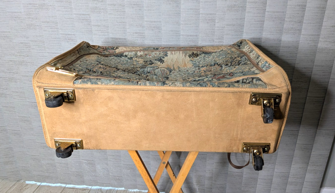 Vintage French Luggage Company Paradise Suede Tapestry Suitcase Made in USA