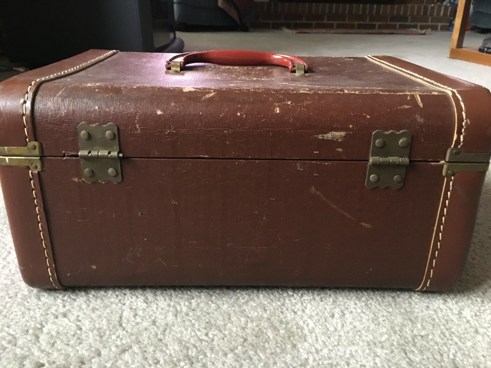 Vintage Hard Wood Contact Paper Train Case Cosmetic Luggage Suitcase with Mirror