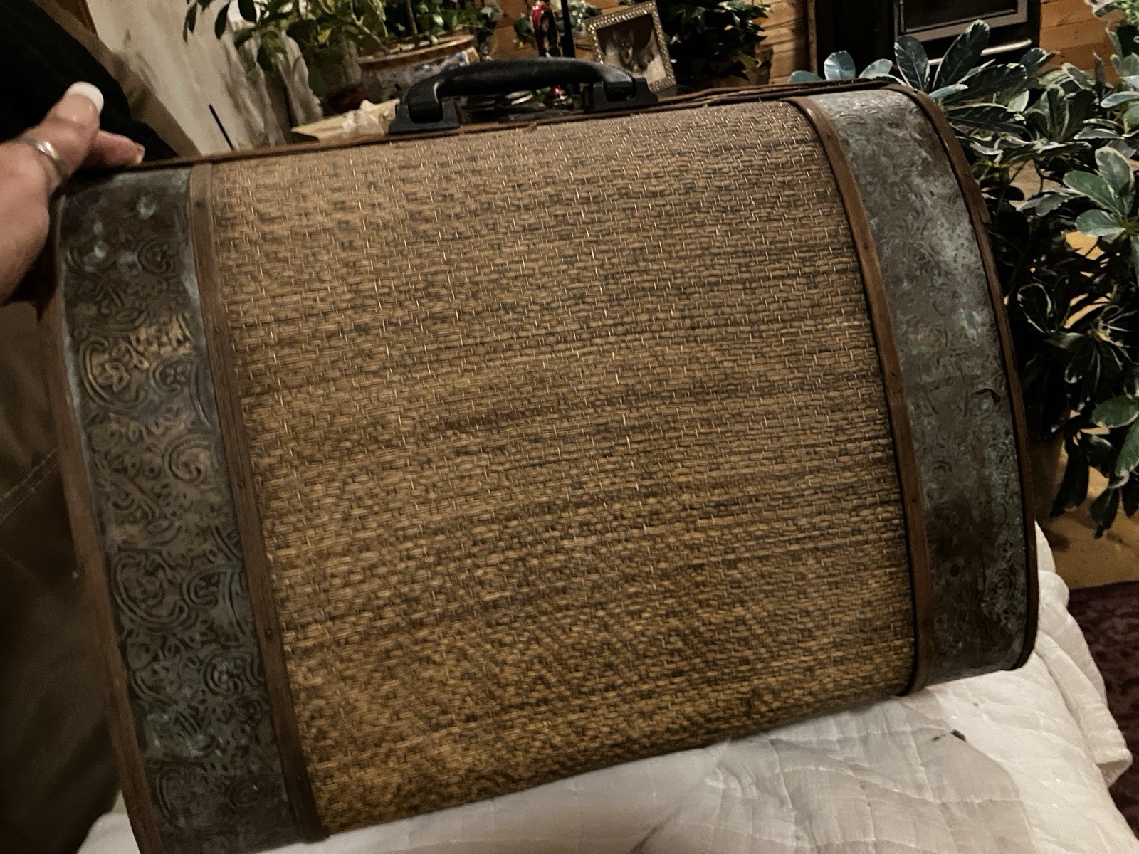 Vintage Hard Case Suitcase Woven Fiber Metal Accents Locking Brown 40L