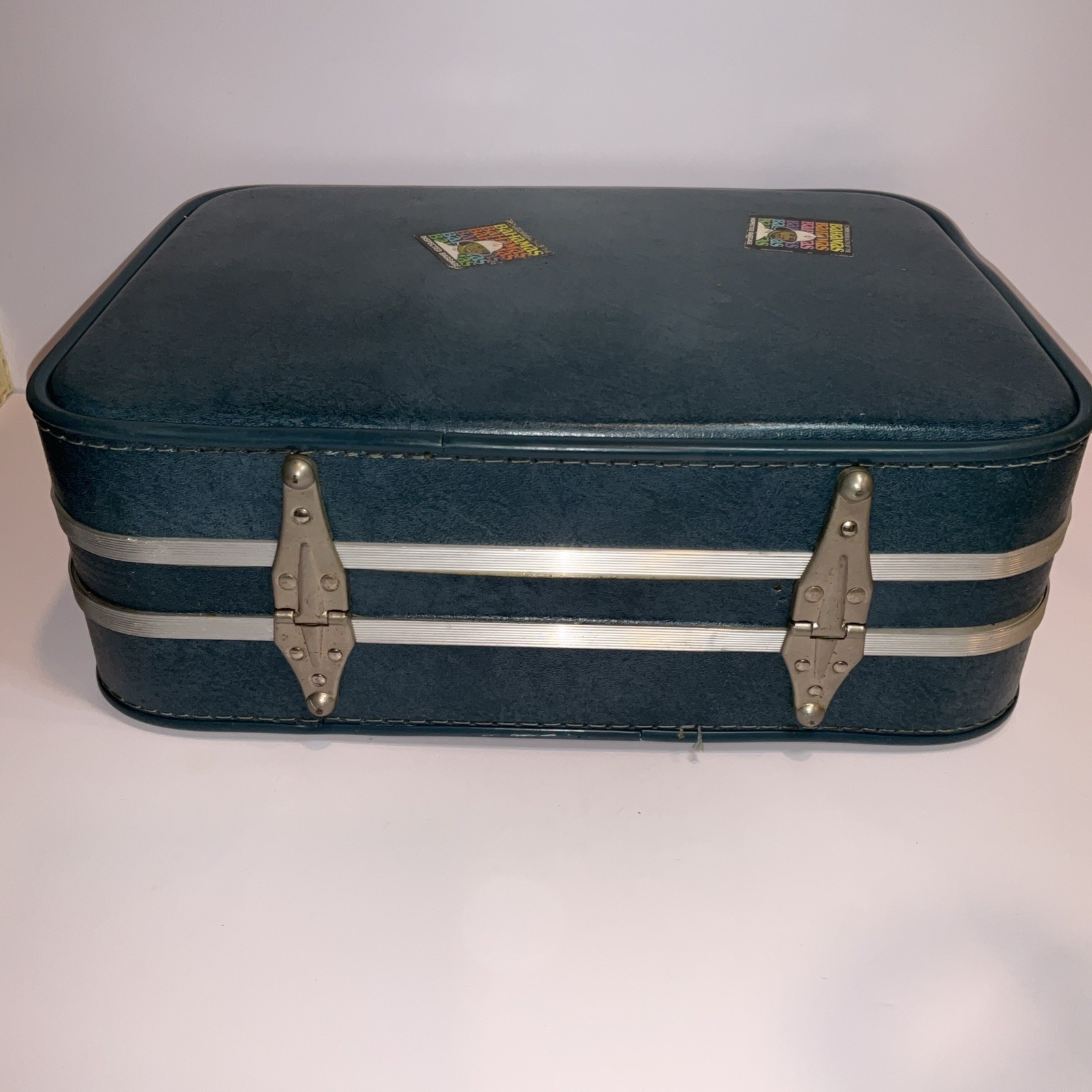 Vintage Blue Train Case Hard Shell Makeup Suitcase w/ Mirror Lock No Key