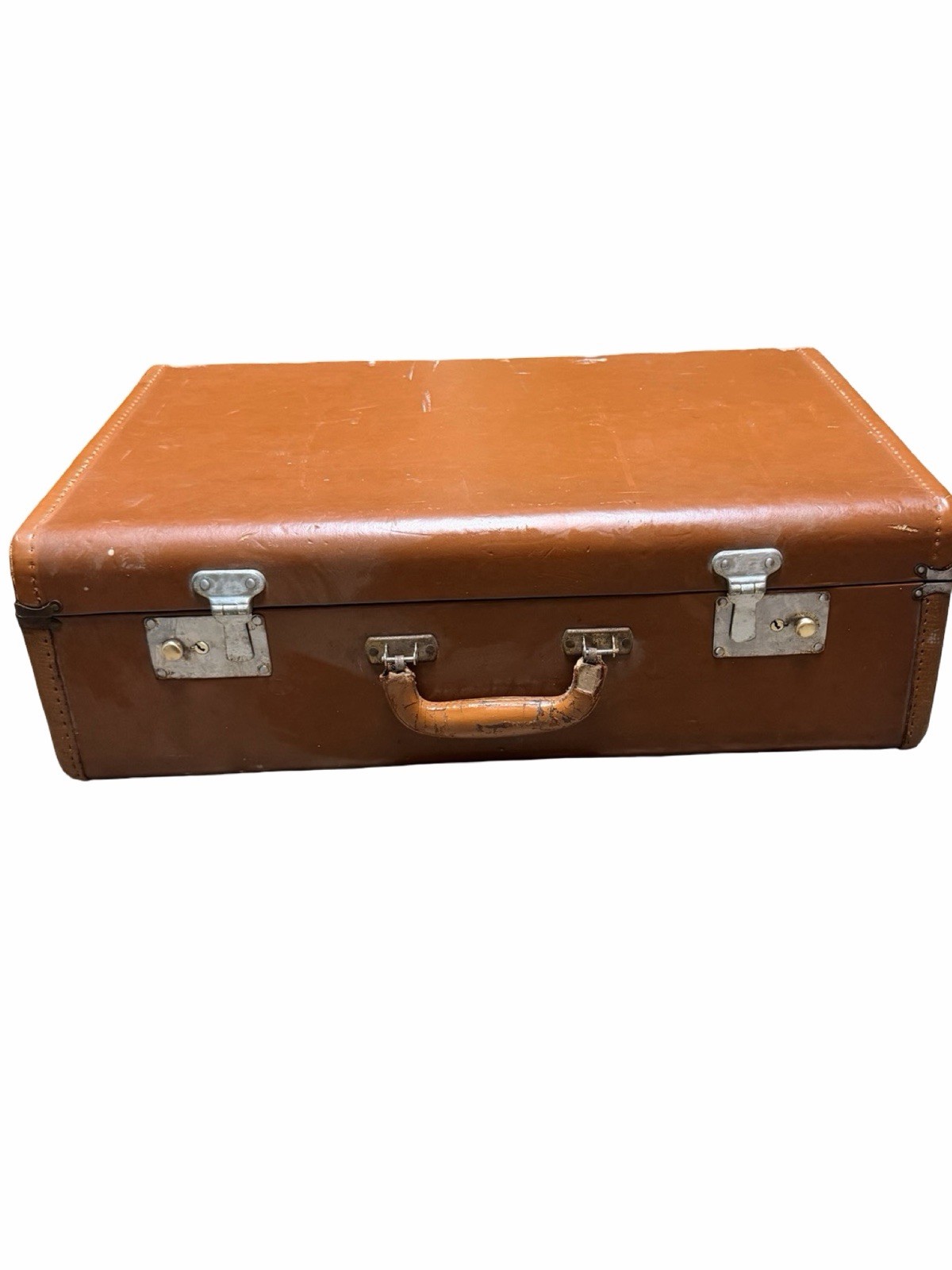 Antique Style Brown Leather Suitcase 24” Vintage Travel Luggage Retro Hard Case