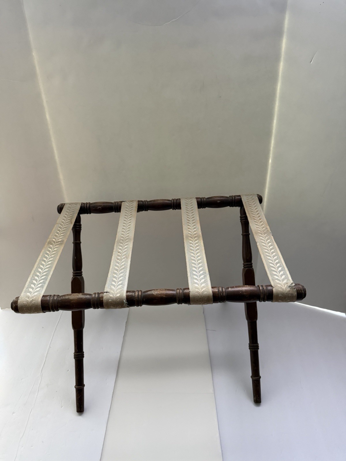 Vintage Wood Fabric Folding Luggage Rack Suitcase Stand Fold 22”x14”