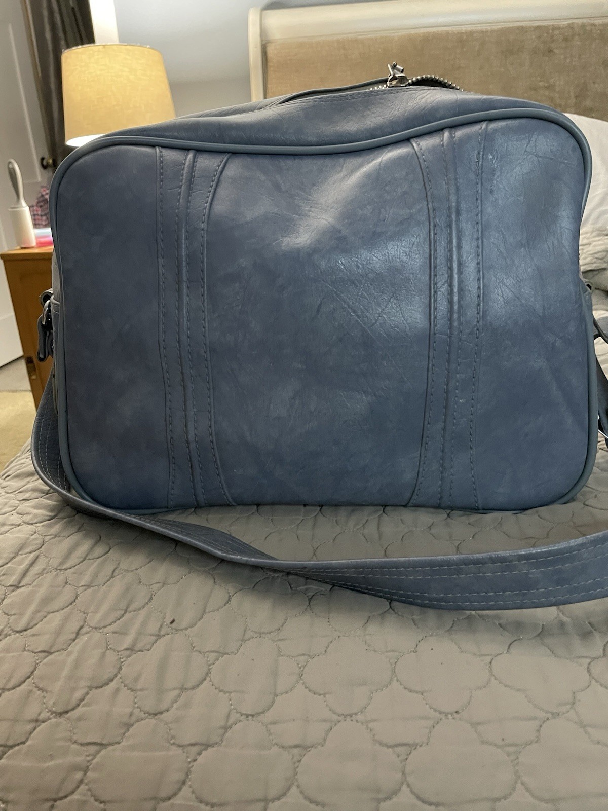 American Tourister Escort Blue Faux Leather Travel Bag Vintage 1970s Mid Modern