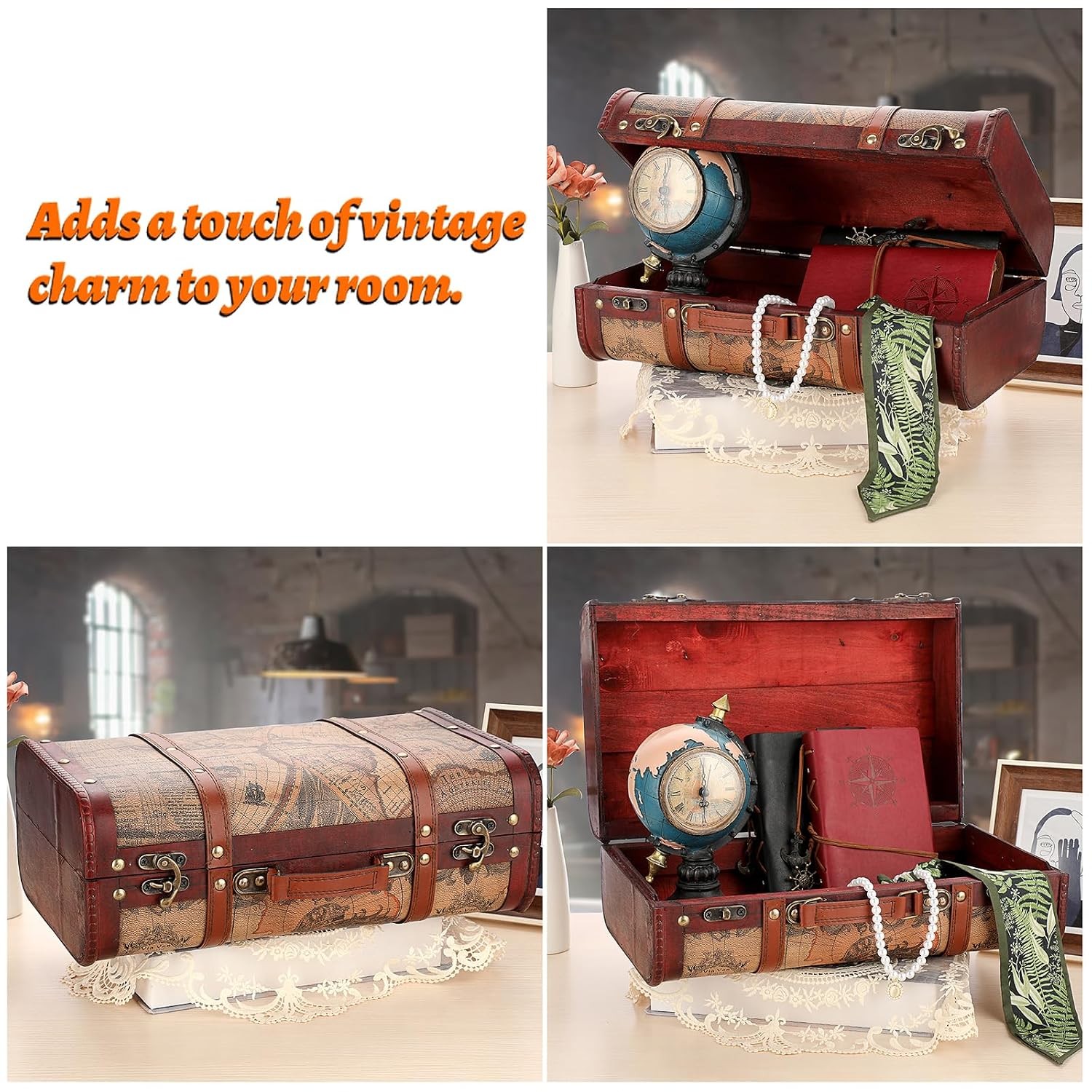 ELLDOO Vintage Wooden Storage Chest, Portable Decorative Luggage Suitcase, Treas