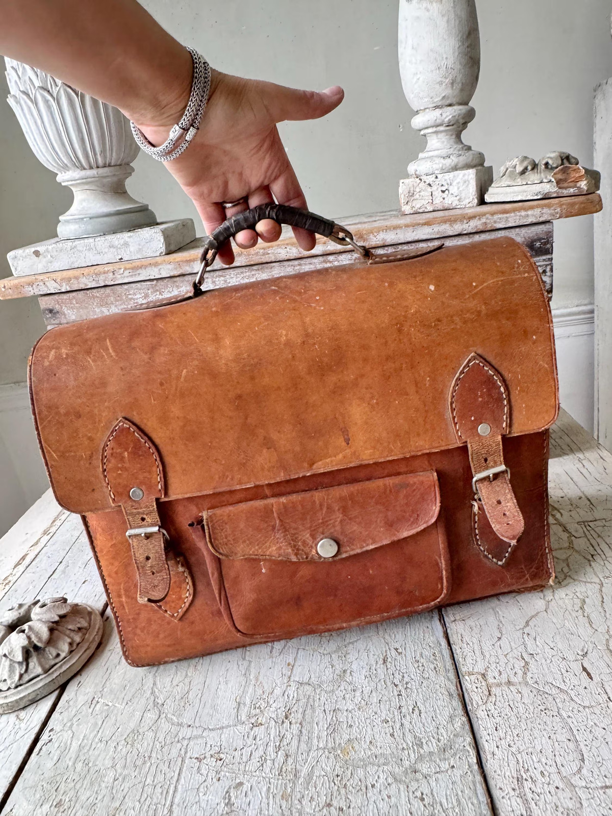 1930’s Vintage Leather Satchel Briefcase Brown Patina Leather School Bag Shabby