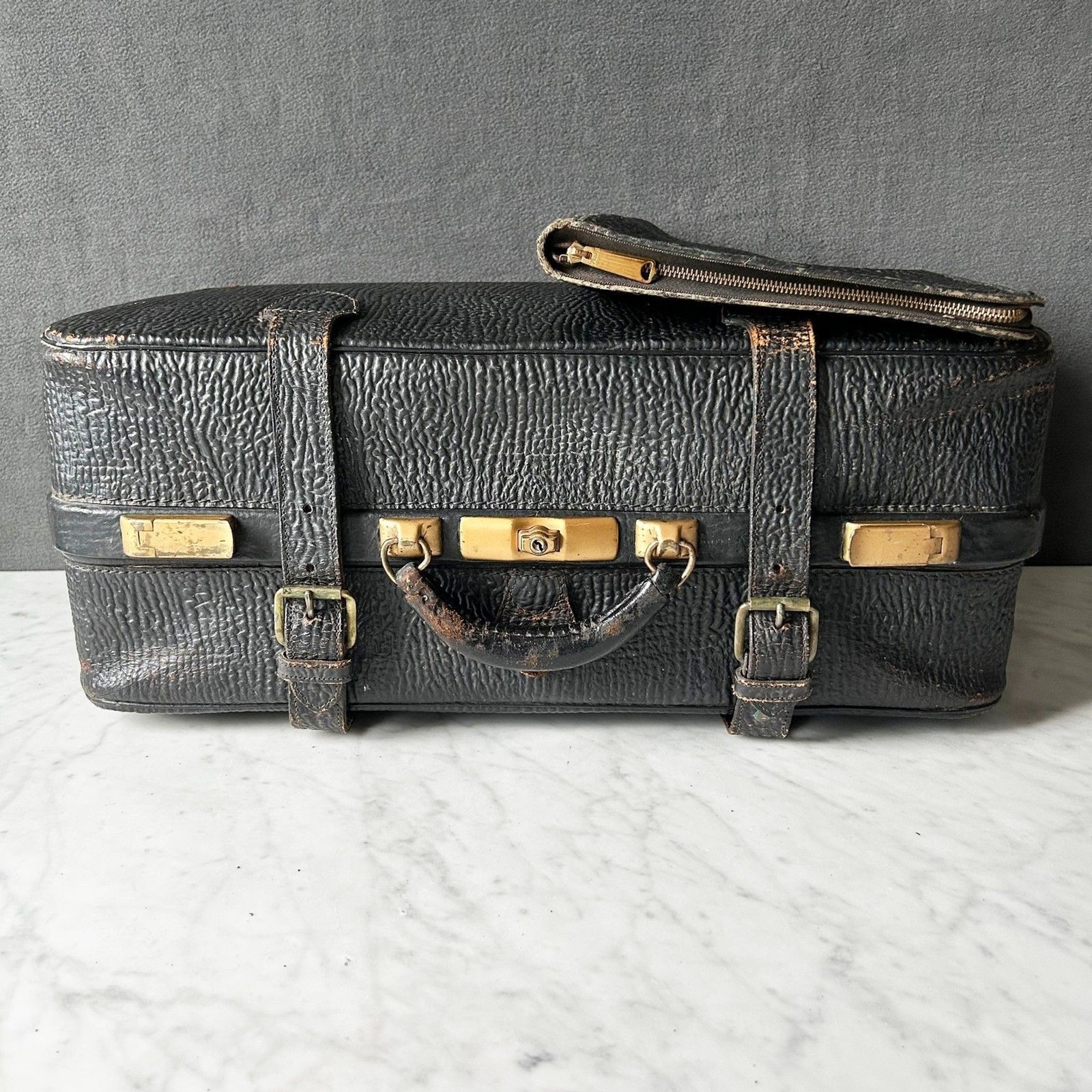 Vintage Black Leather Suitcase & Binder 1920s Luggage Display Costume Prop