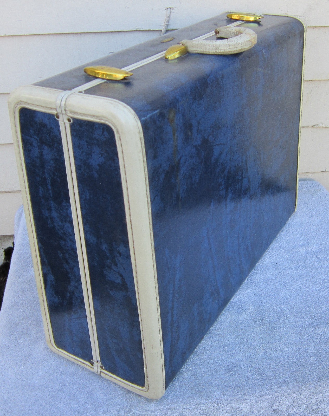 Vtg SAMSONITE Blue Marble SUITCASE w/Inner Drawer & Hangers 24.25″ x 18″ x 8.75″