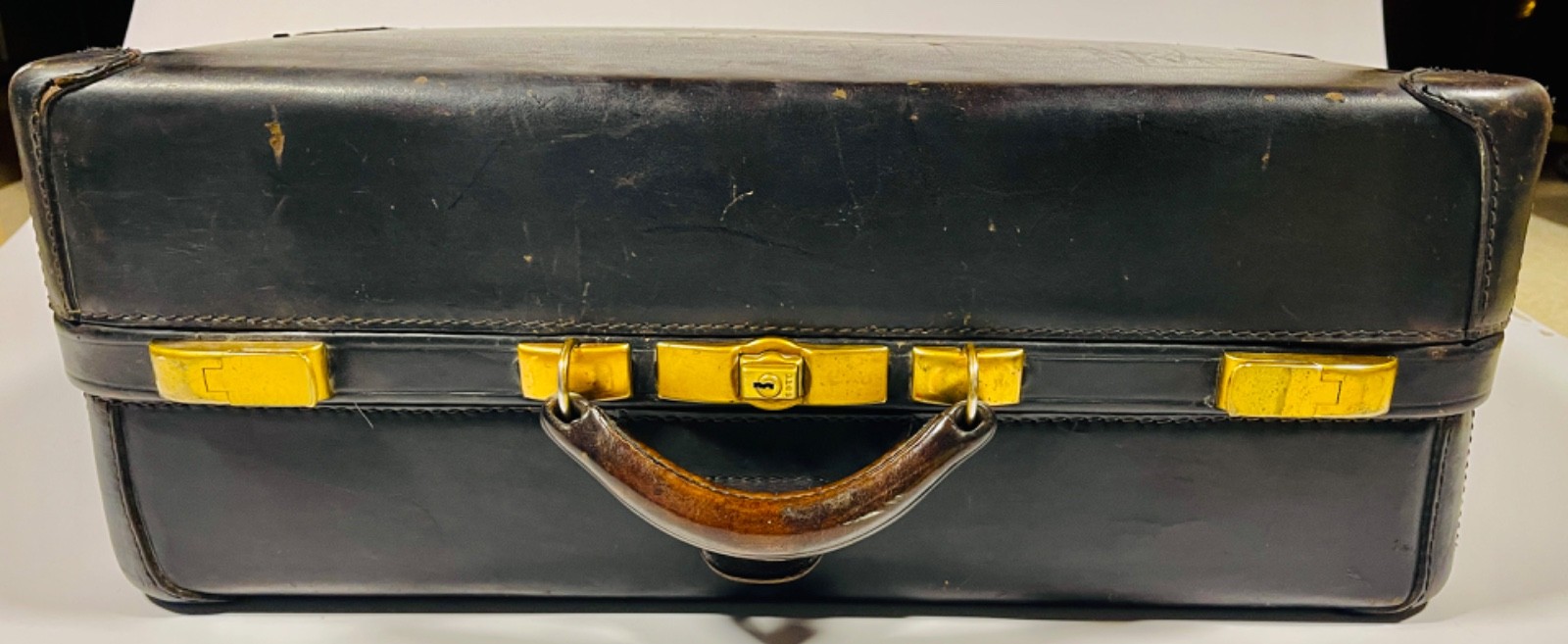 Vintage 1920s Black Leather Suitcase Travel Train Case Luggage Straps No Key
