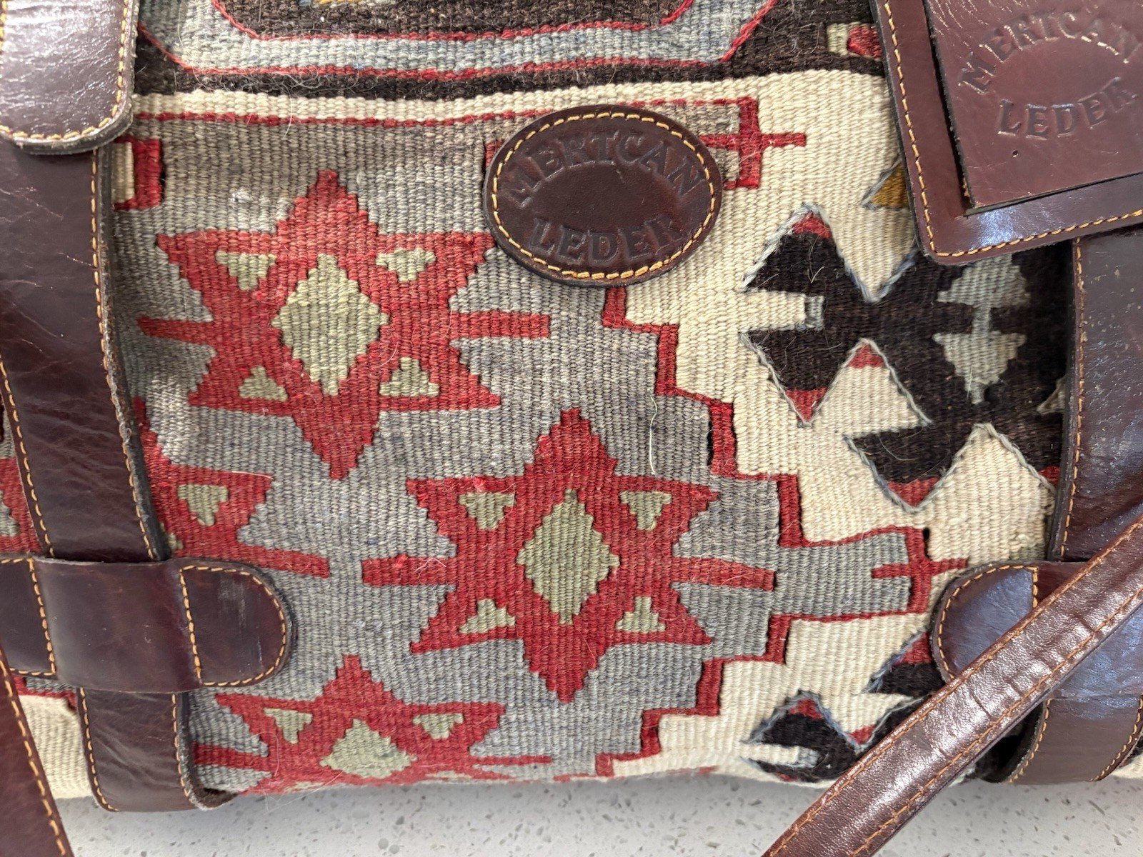 Vintage Leather & Kilim Carry On Travel Weekender Luggage Carpet Bag Overnight