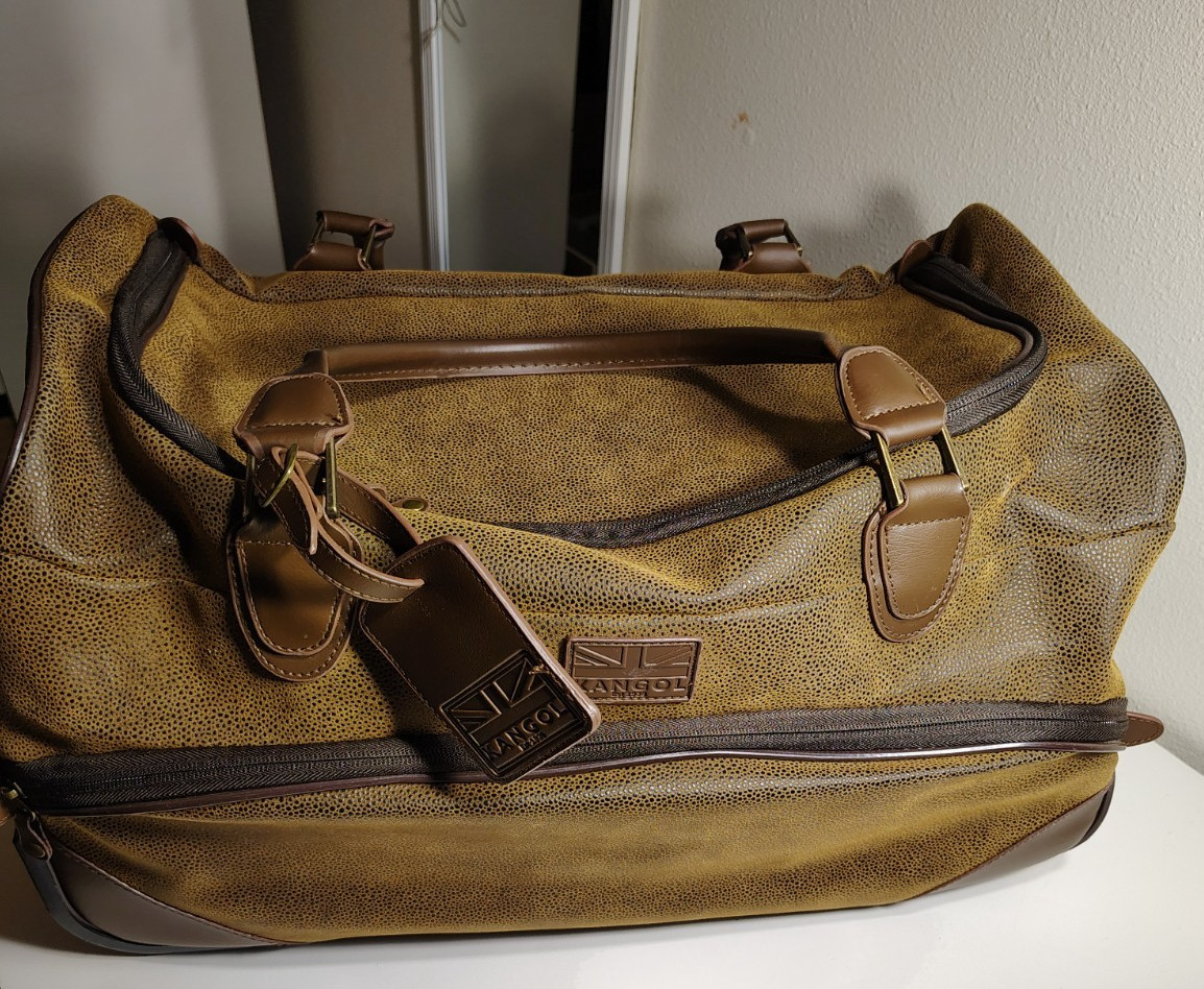 VTG Kangol Faux Suede Duffel Roller Bag Luggage Med-Large Brown Travel Weekend