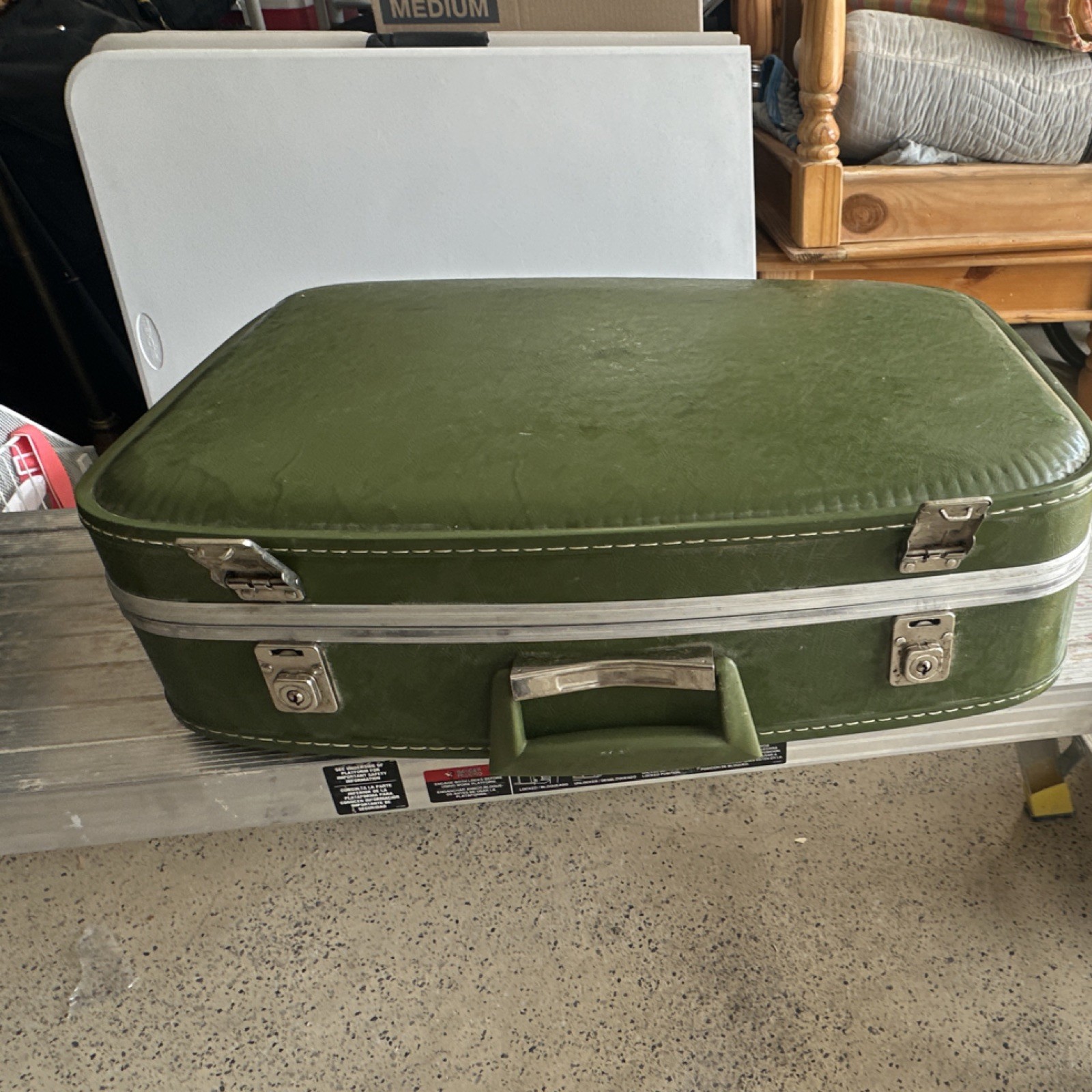 Vintage 1960s Green Hard Vinyl Suitcase with Locking Extra Compartments