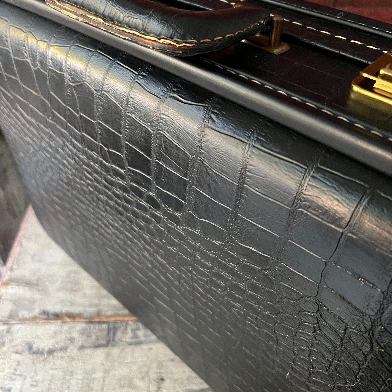 Vintage Black Crocodile Embossed Suitcase Olympic Luggage With Key Included