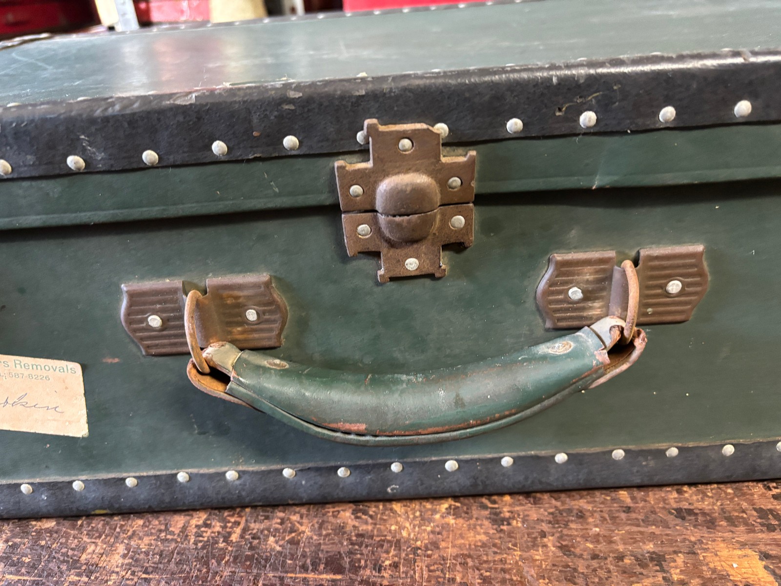 Antique Suitcase Riveted Binding Brass Hardware 1920’s Heritage Green & Black