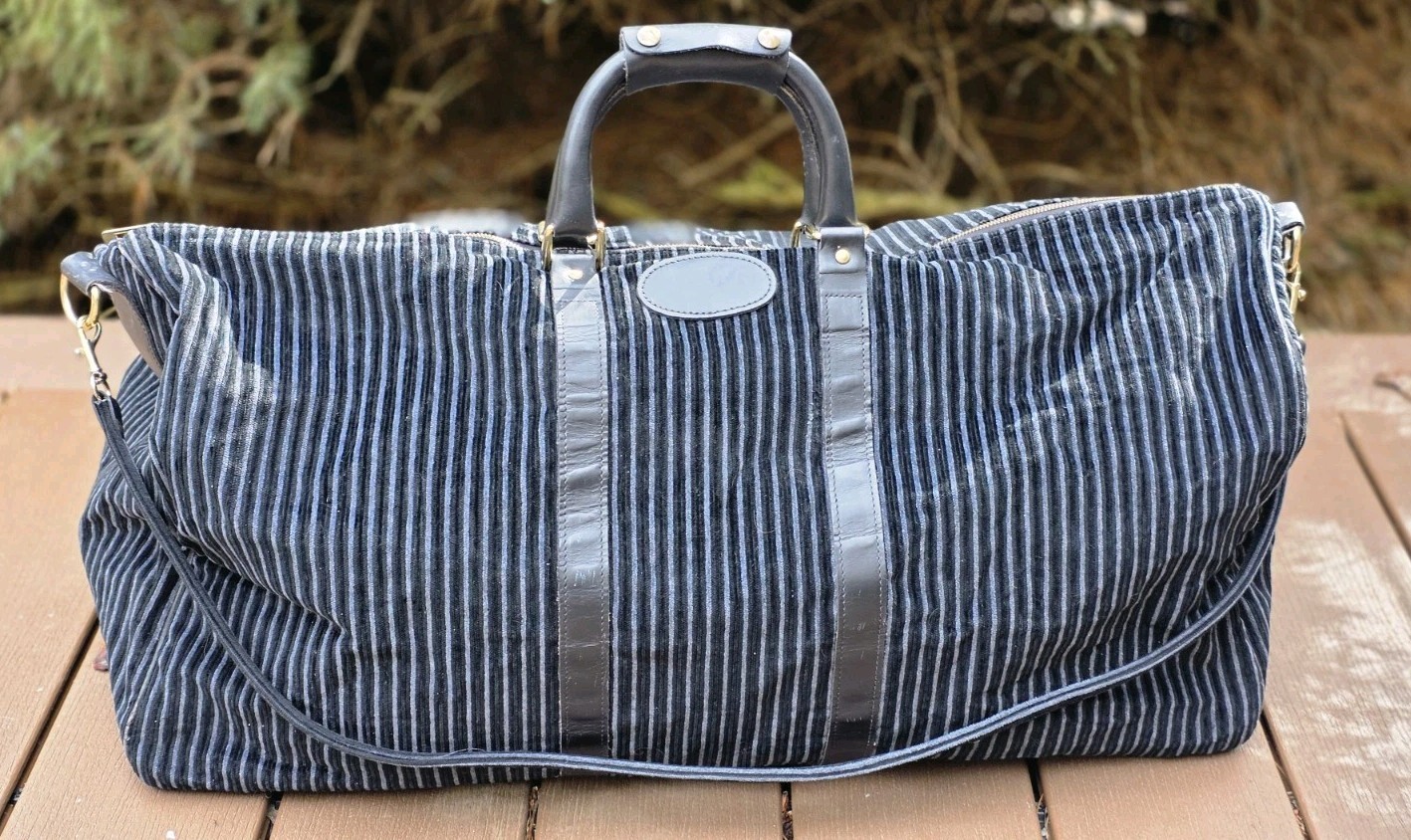 VTG The French Company 24″ Black Grey Striped Corduroy Duffel Bag Leather USA