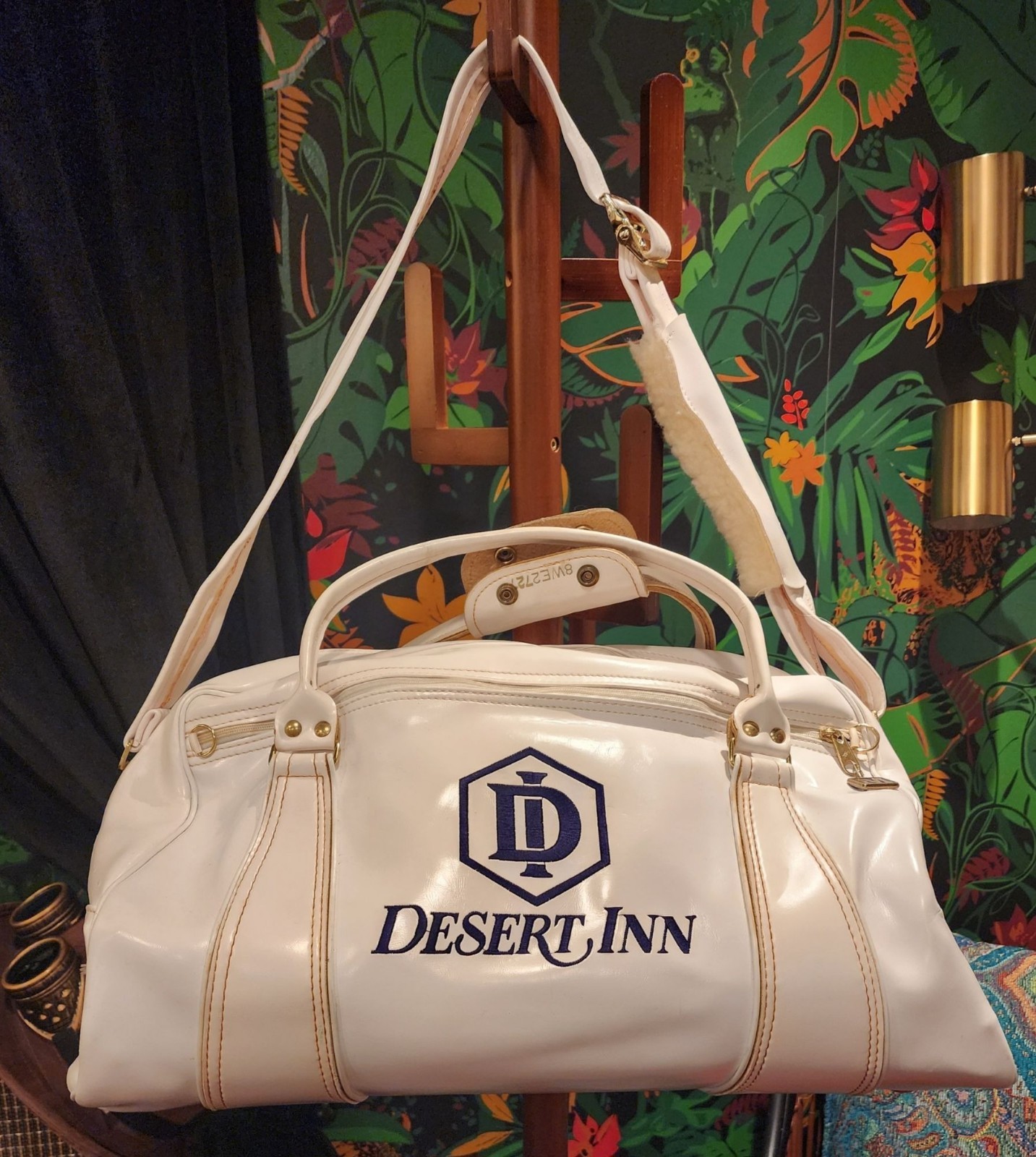 Vintage Ron Miller Desert Inn Duffel Bag Gold Hardware. Handles, Shoulder strap.
