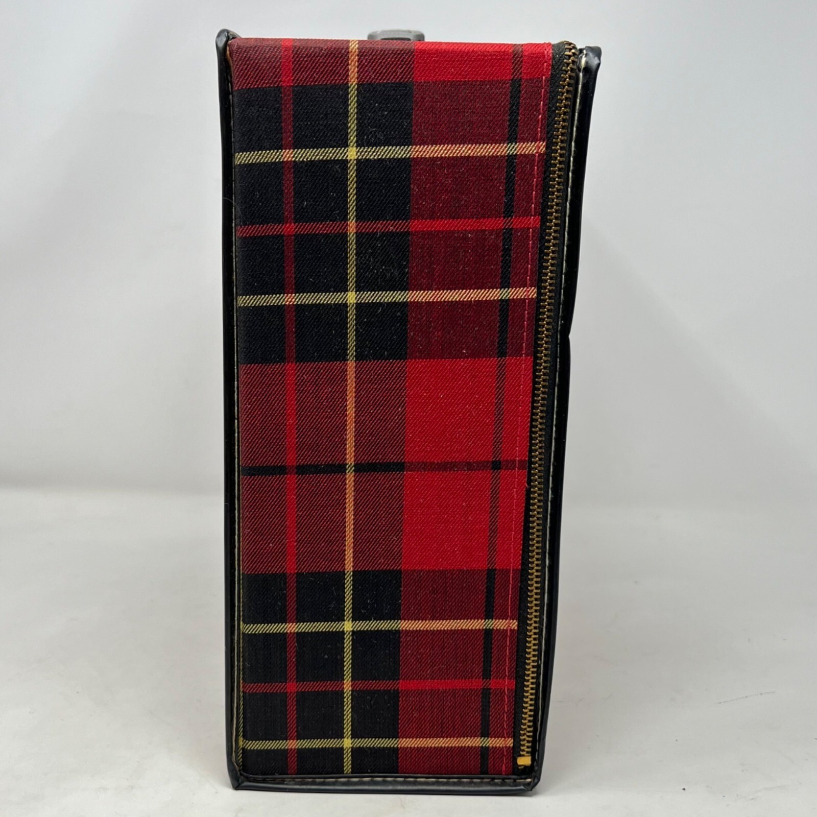 Vintage 1960’s Red Plaid Fabric Folding Collapsible Small Lightweight Suitcase