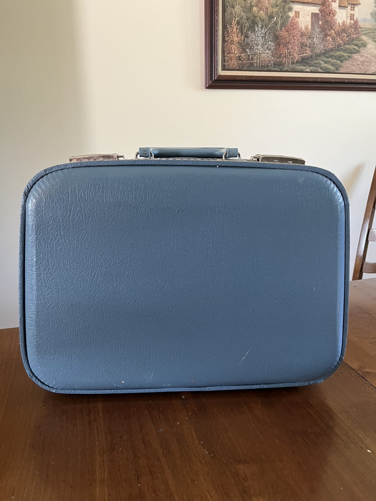 Vtg 16″ Blue Hard Suitcase Travel Carry On Make up Mirror Customs Sticker