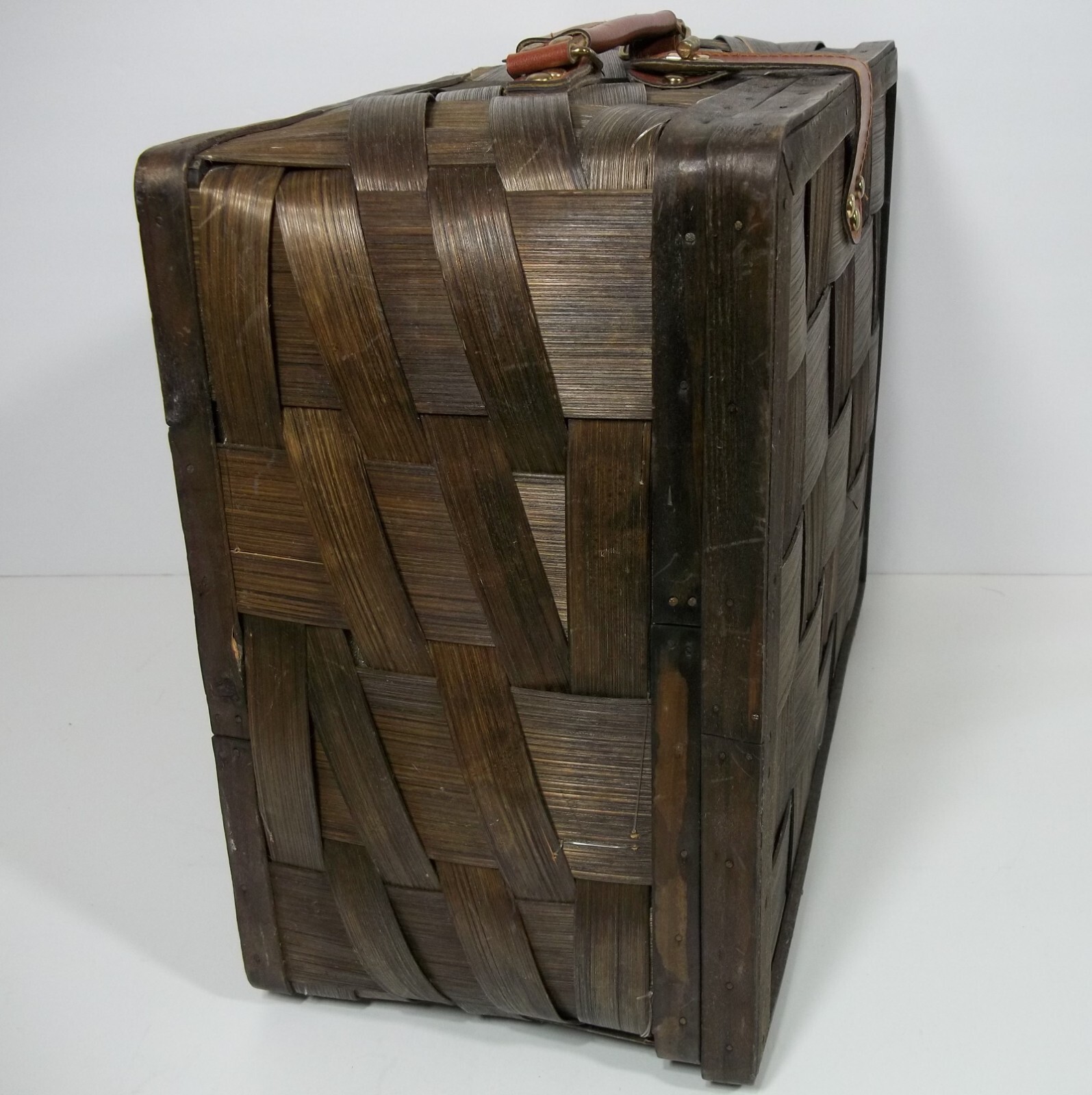 Wide Split Bamboo Suitcase Overnight Bag Carry On Leather Handle & Closure Strap