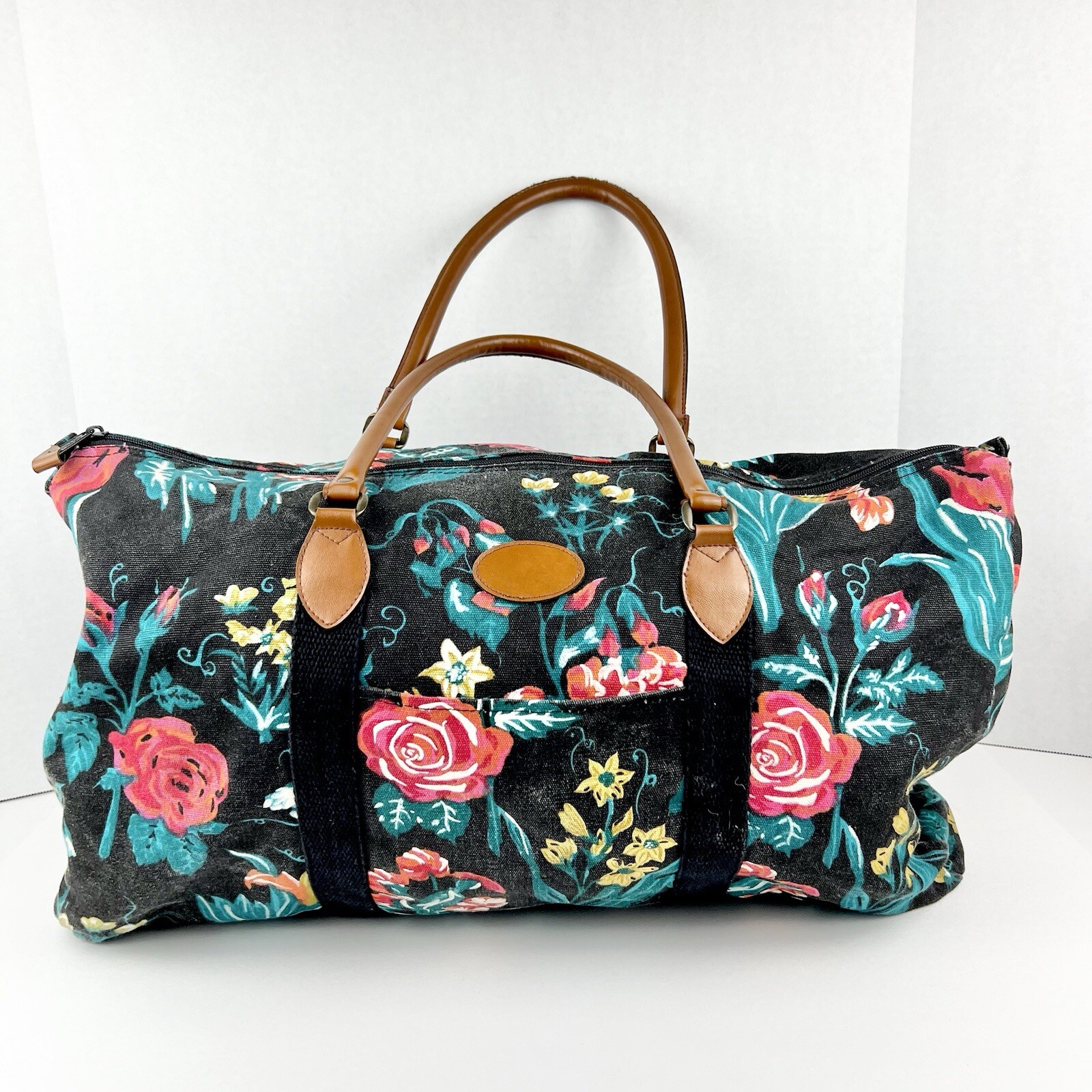 Vintage Gitano Floral Tapestry Weekender Duffle Bag With Leather Straps 90’s