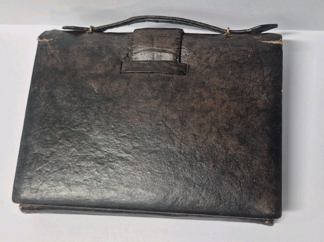 Vintage Handled English Antique Leather Stationary Travel Case With Brass Latch
