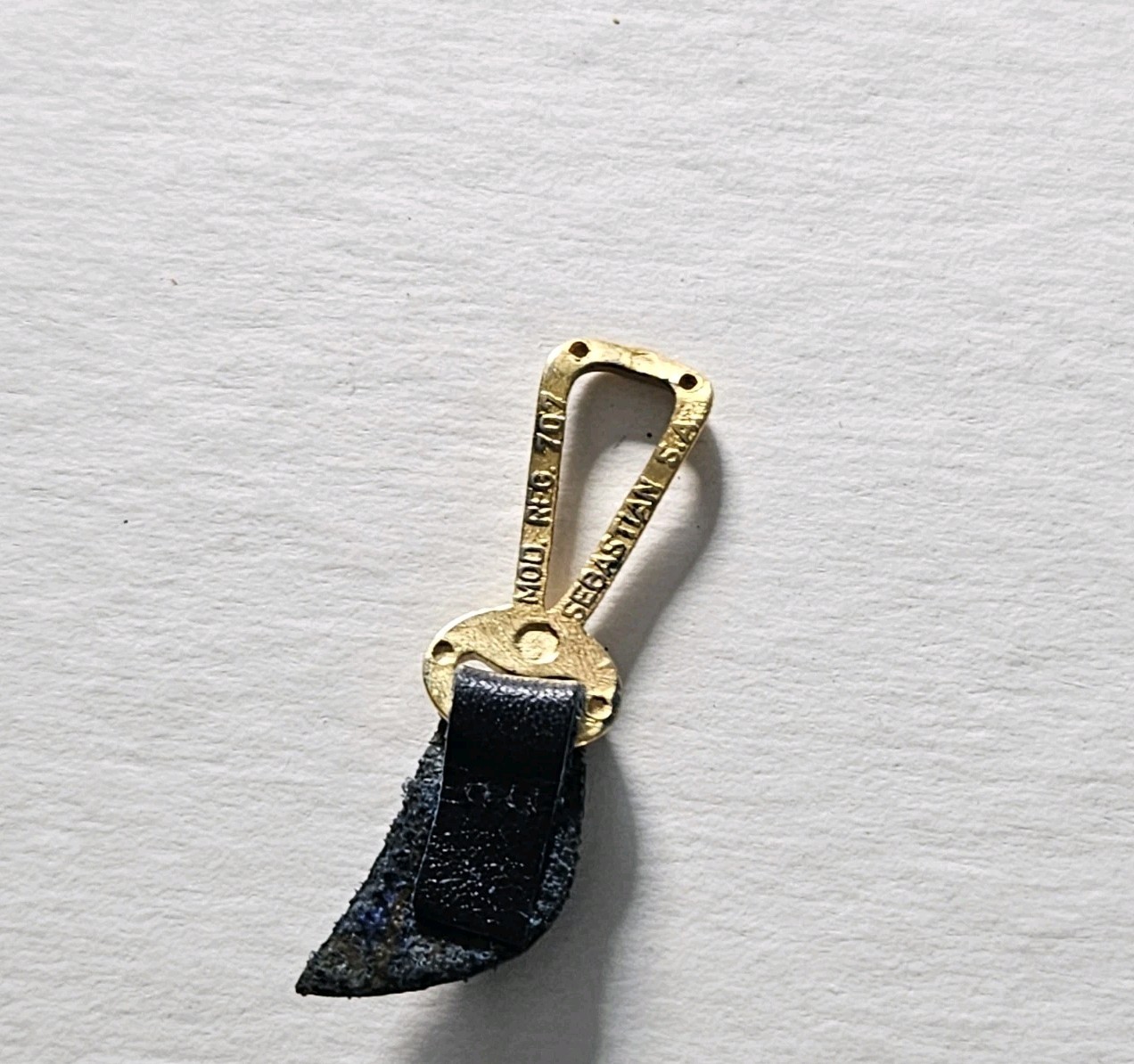 Vintage Sebastian SA MOD. REG. 707 Gold-Tone Luggage Tag on Black Leather Strap