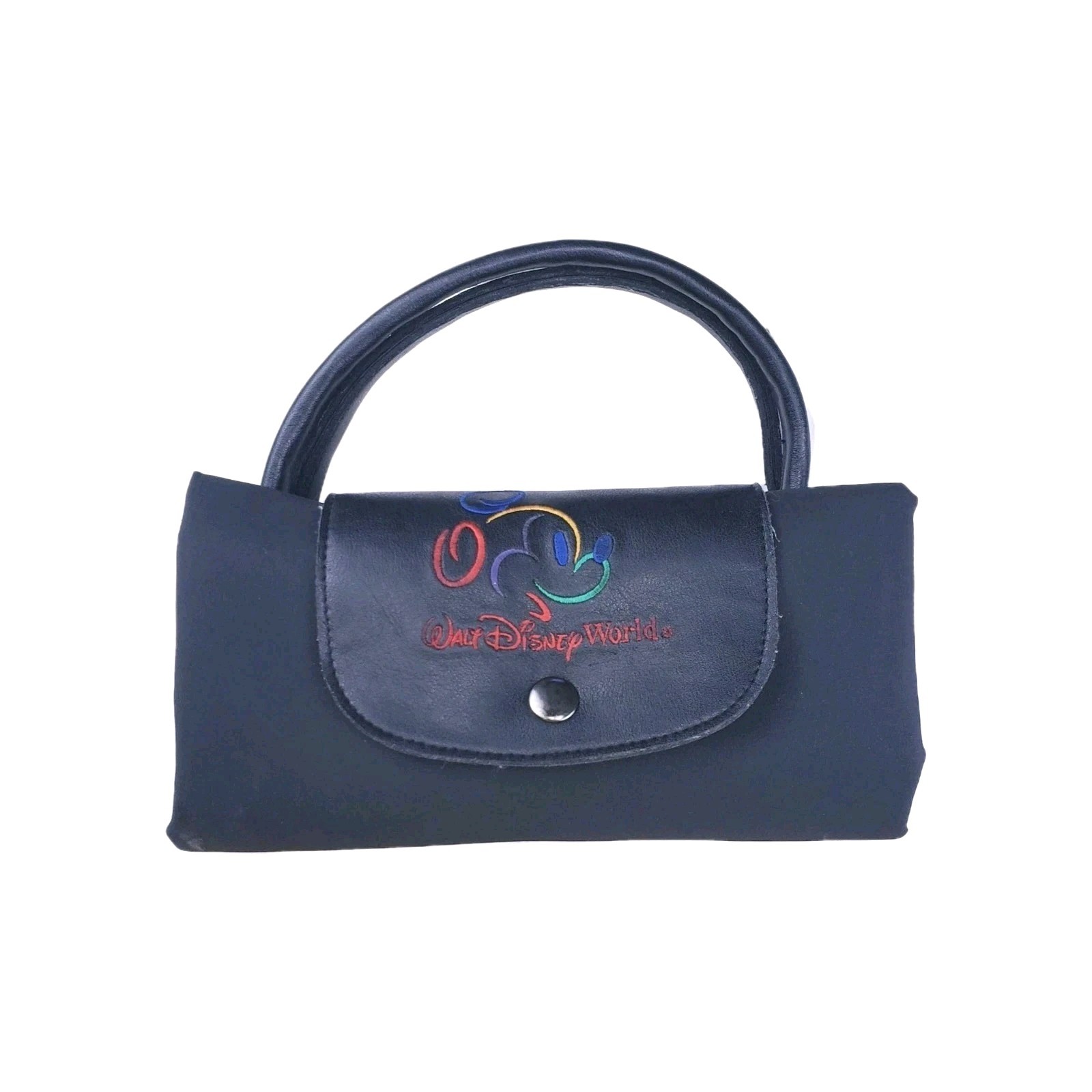 Vtg 90s Disney Bag Embroidered Mickey Leather Nylon Fold Up Travel Tote