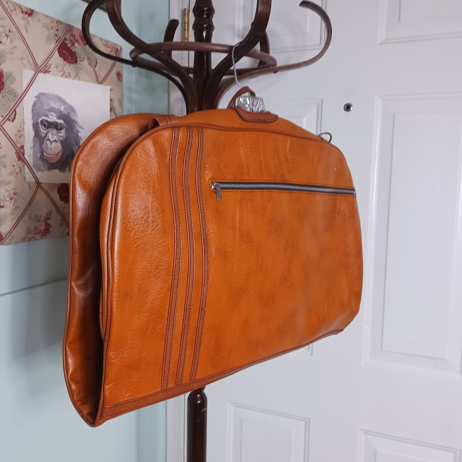 VINTAGE 70s Faux Vegan Leather Garment Suit Bag CARRIER TRAVEL LUGGAGE WARDROBE