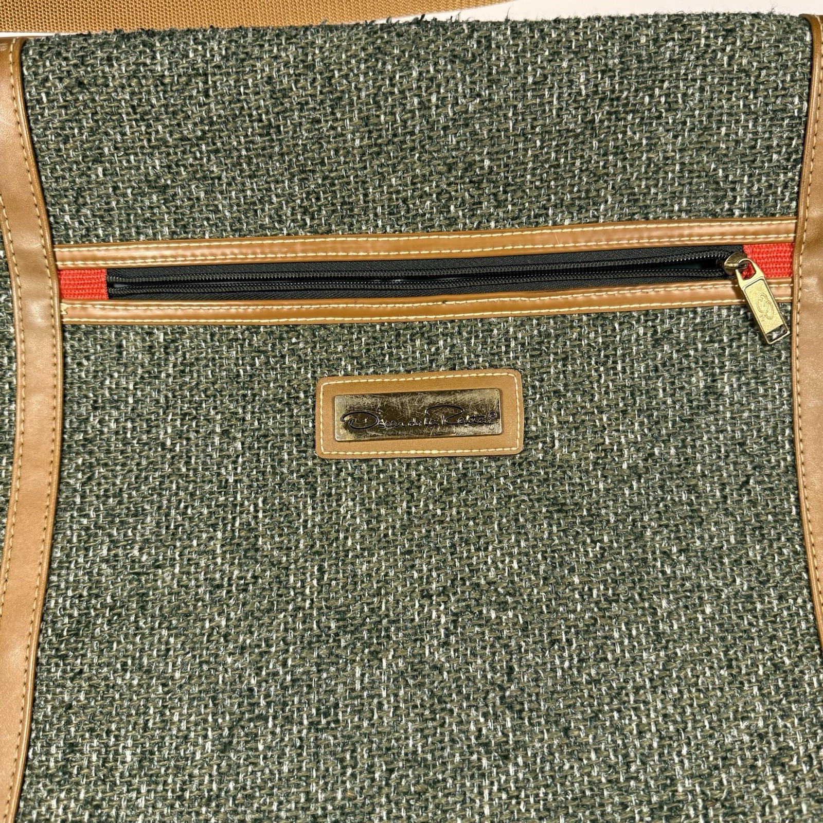 Vintage Oscar de la Renta Green Tweed Garment Bag Travel Luggage Suit Carrier