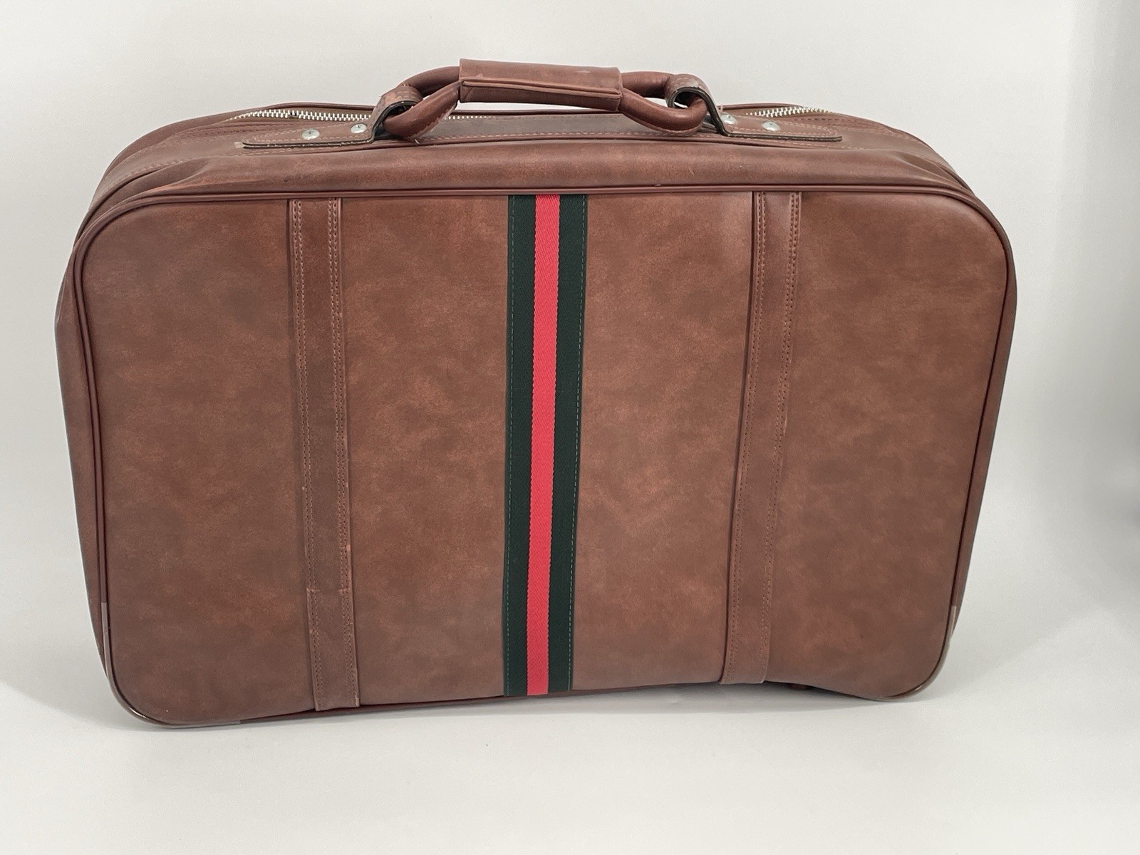 Vintage Faux Leather Carry-On Suitcase Brown Green Red Stripe Retro Korea