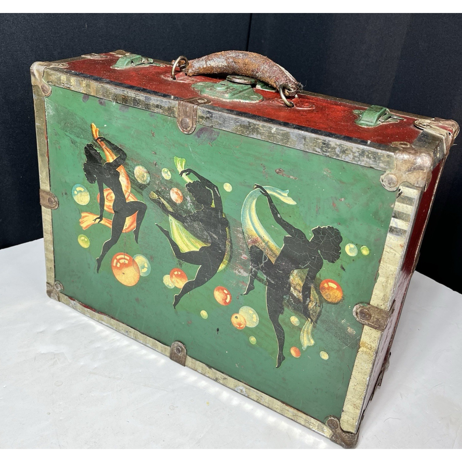 Metal Travel Box Case Leather Handle Metal Corners Paper Lined 1940s Vintage