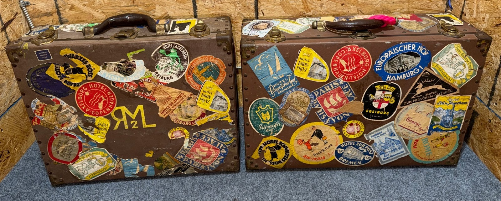 Antique Vintage Davis Sample Case Pair with Traveling Stickers