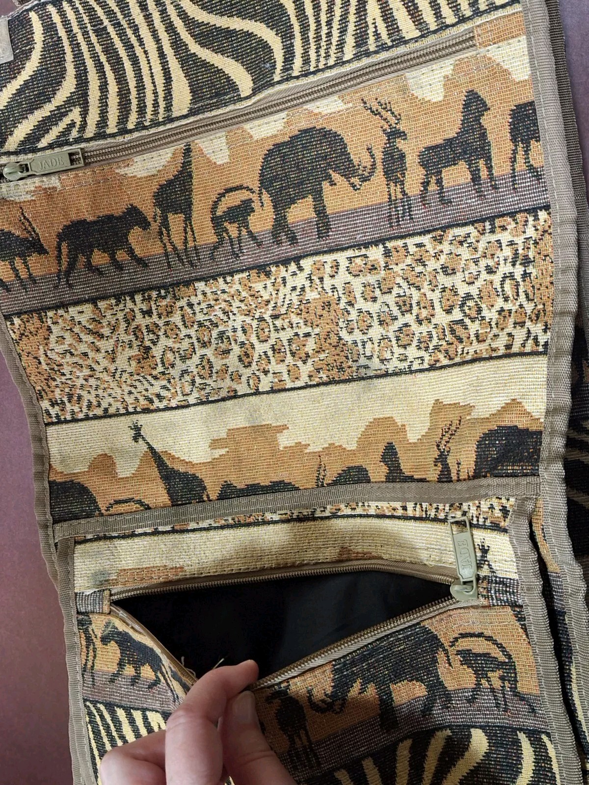 Vintage Large Jade Tapestry Rolling Bag Tote Foldable Collapsible Wheels Safari