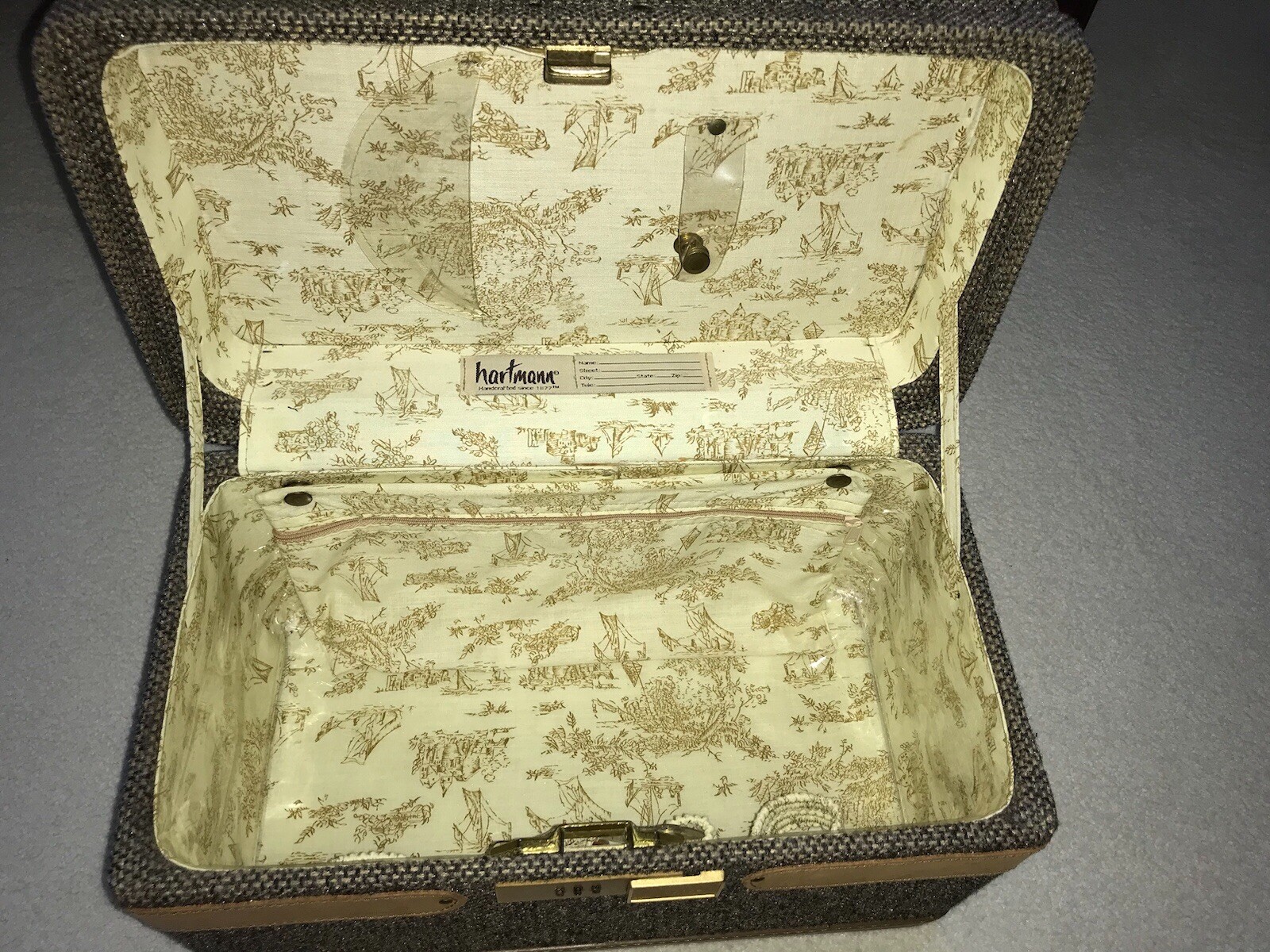 Vtg Hartmann Brown Tweed Train Luggage Make-Up Cosmetic Case; EUC