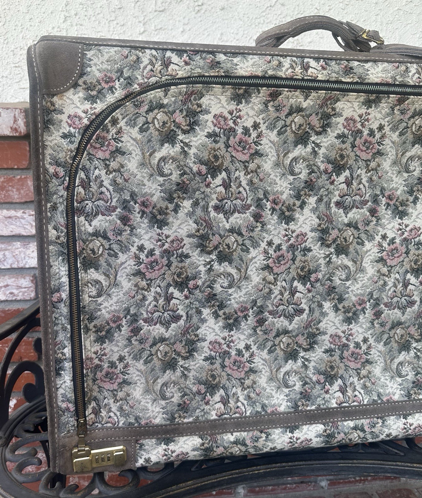 Vintage French Co Luggage; Grey Rose Tapestry W/Suede/ID Tag; Blue Int/Cmbo Lock