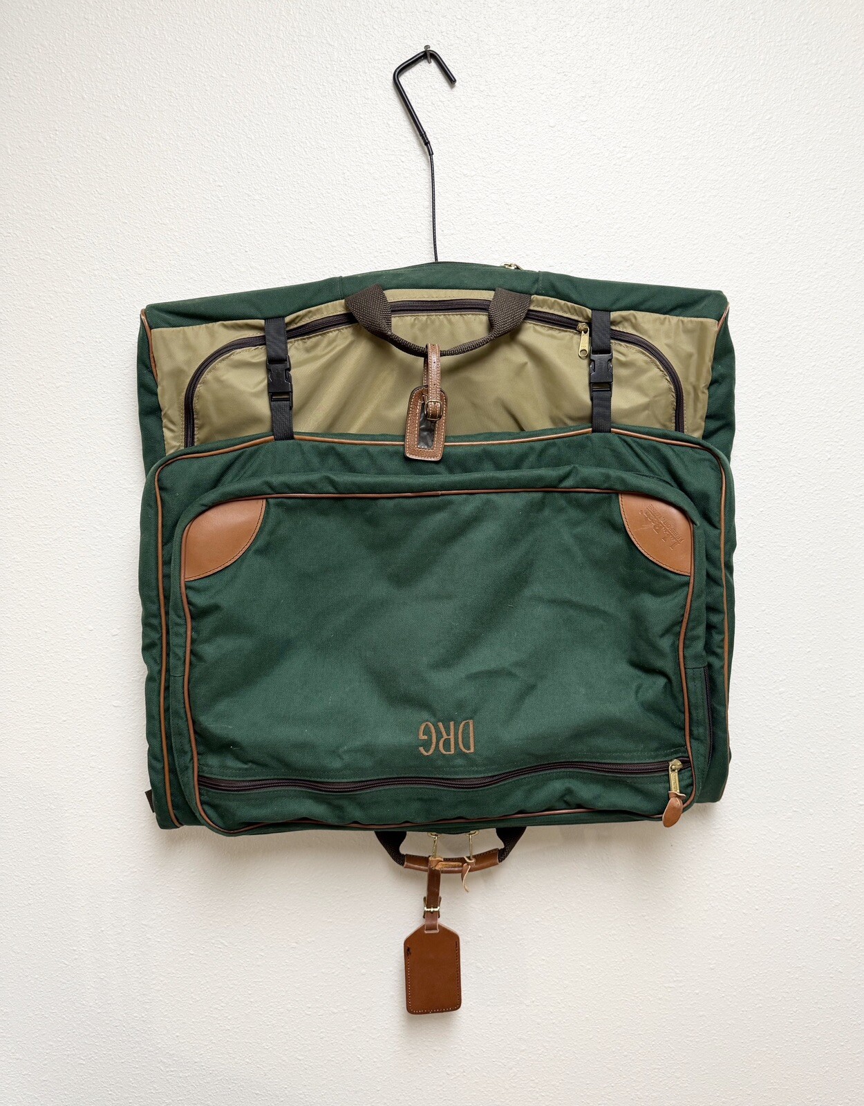 Vintage LL Bean Garment Bag Leather Trim Hunter Green Monogrammed DRG