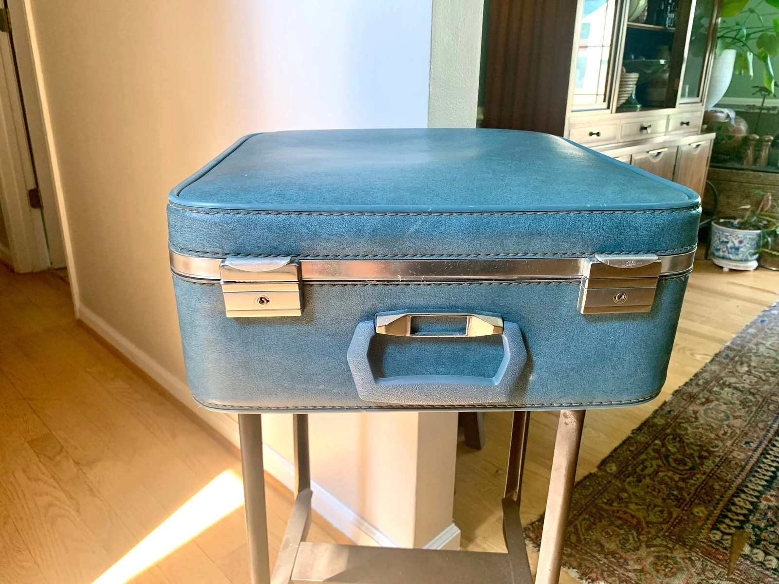 Vtg Square Blue Hardshell Suitcase | Mid Century Skyway Vinyl Travel Case