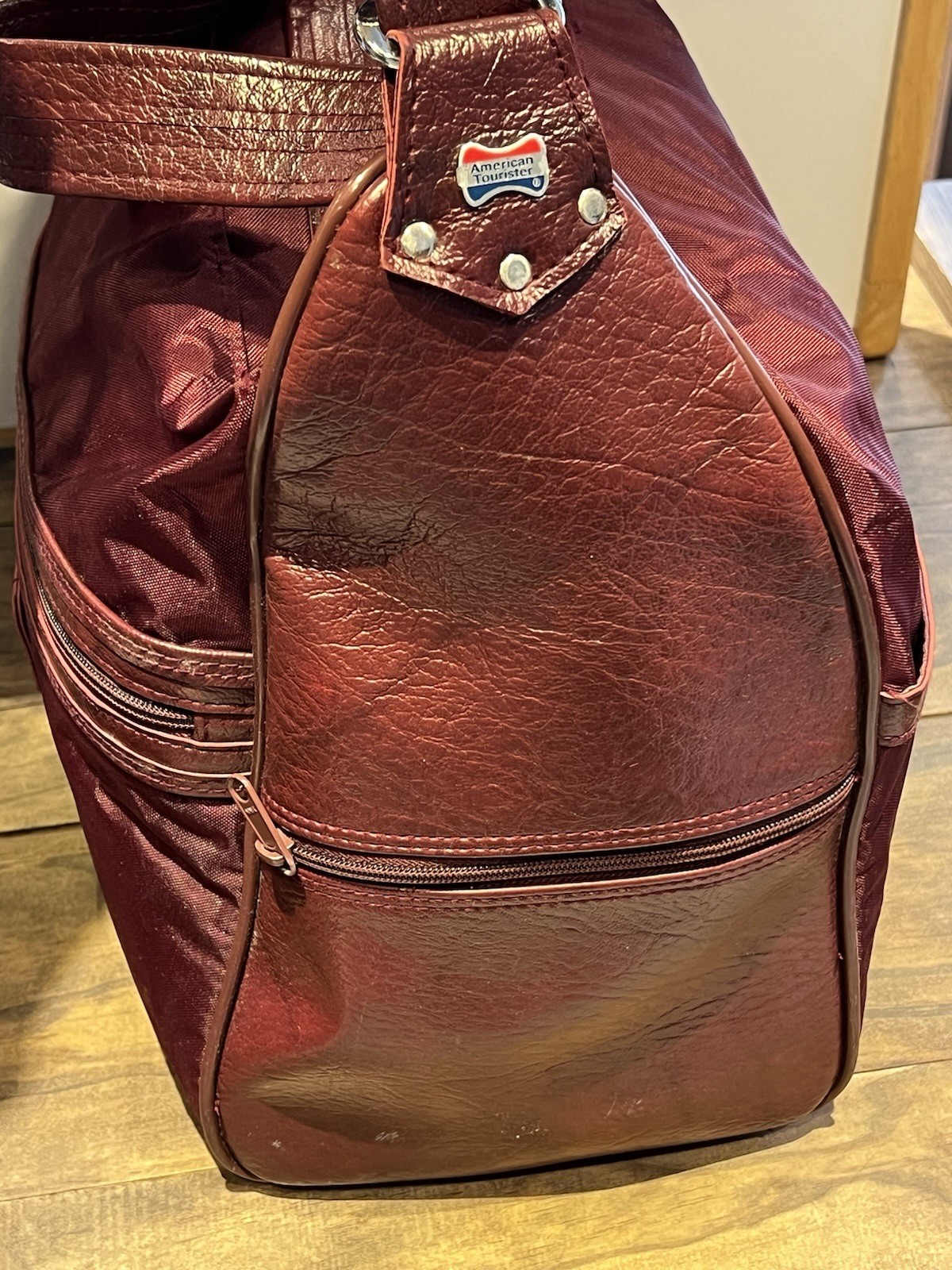 Vintage American Tourister Carry On Tote Duffle Bag Red Faux Leather W Strap VTG