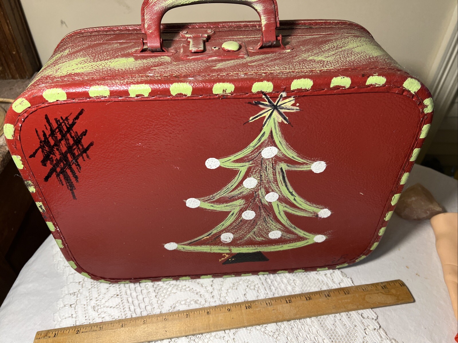 Small Hardcase vintage mid-century suitcase Painted On Outside For Holiday. 1960