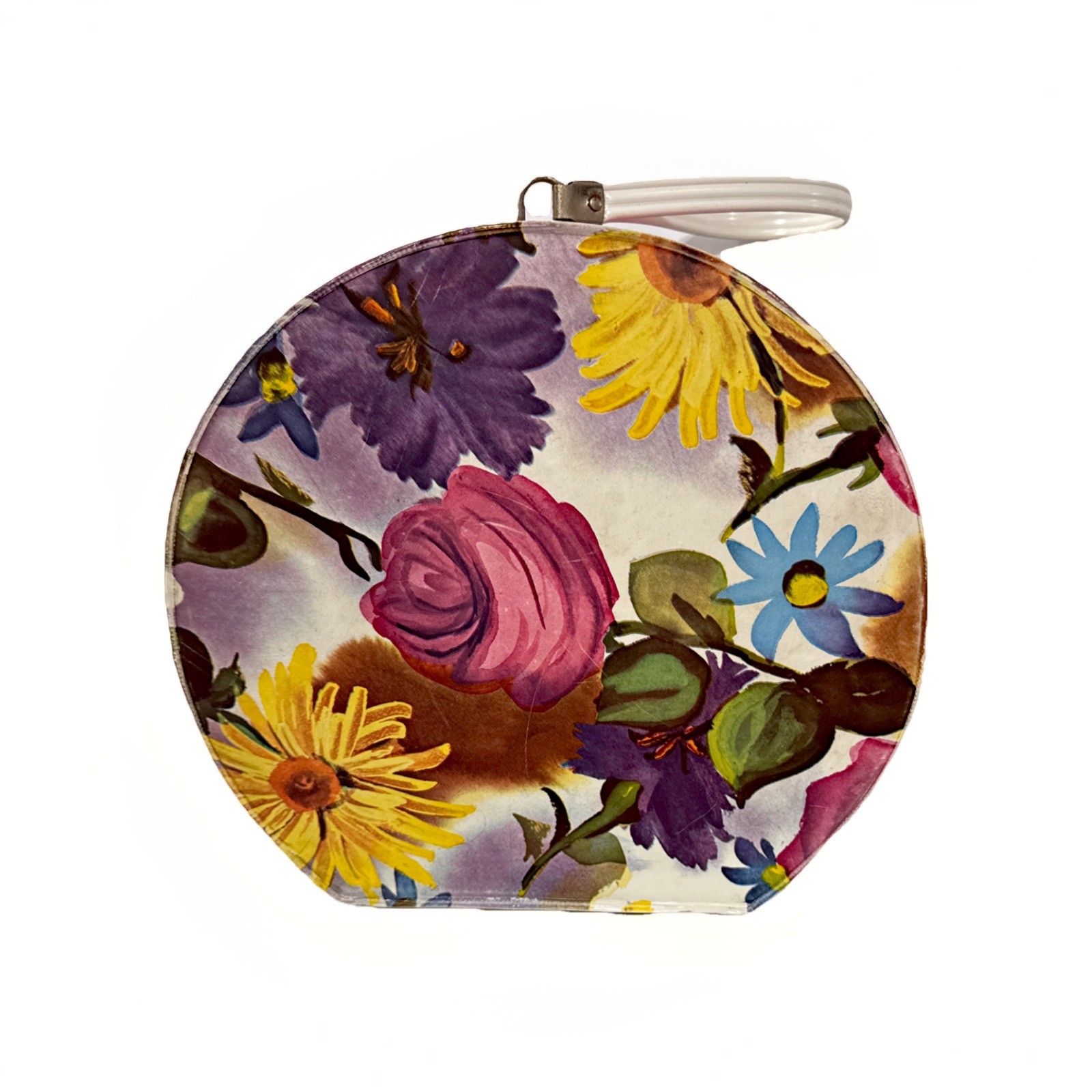 Vintage Vinyl Flowers Round Hat Box Travel Case Zipper Handle 1960s Vanity Tote