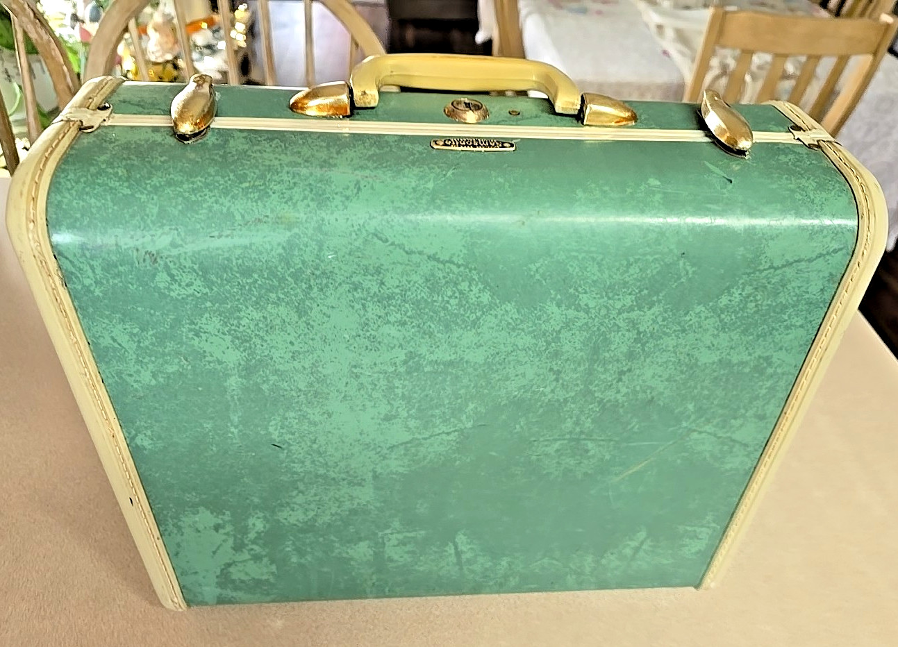 Vintage 1950s Samsonite Suitcase Bermuda Green Marbled W/ Key 15″ Brass Locks