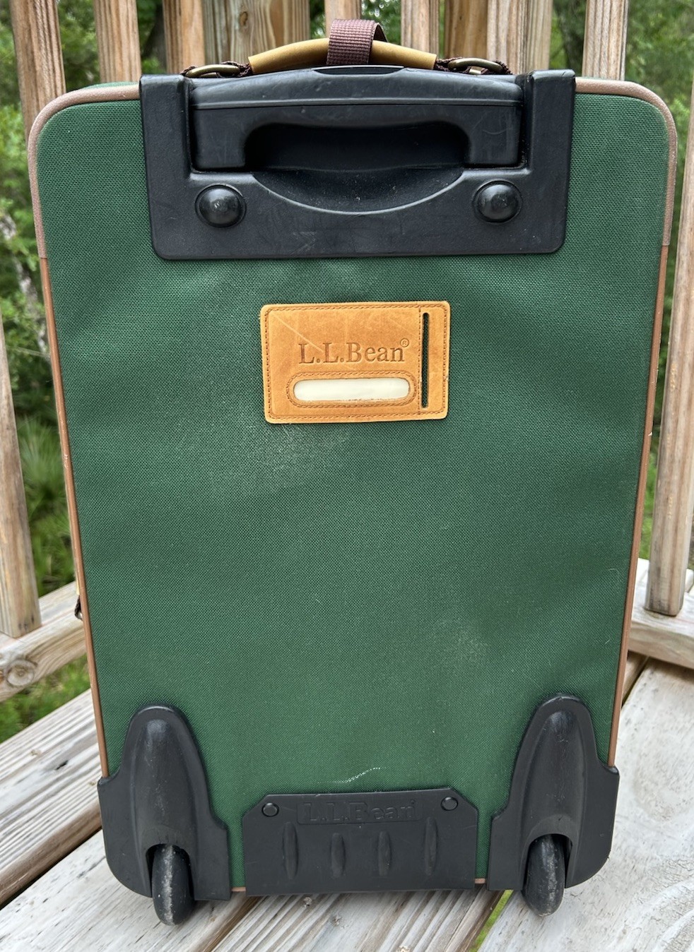 Vintage 80’s LL Bean Rolling Suitcase Luggage Carry On Bag Green Leather Trim