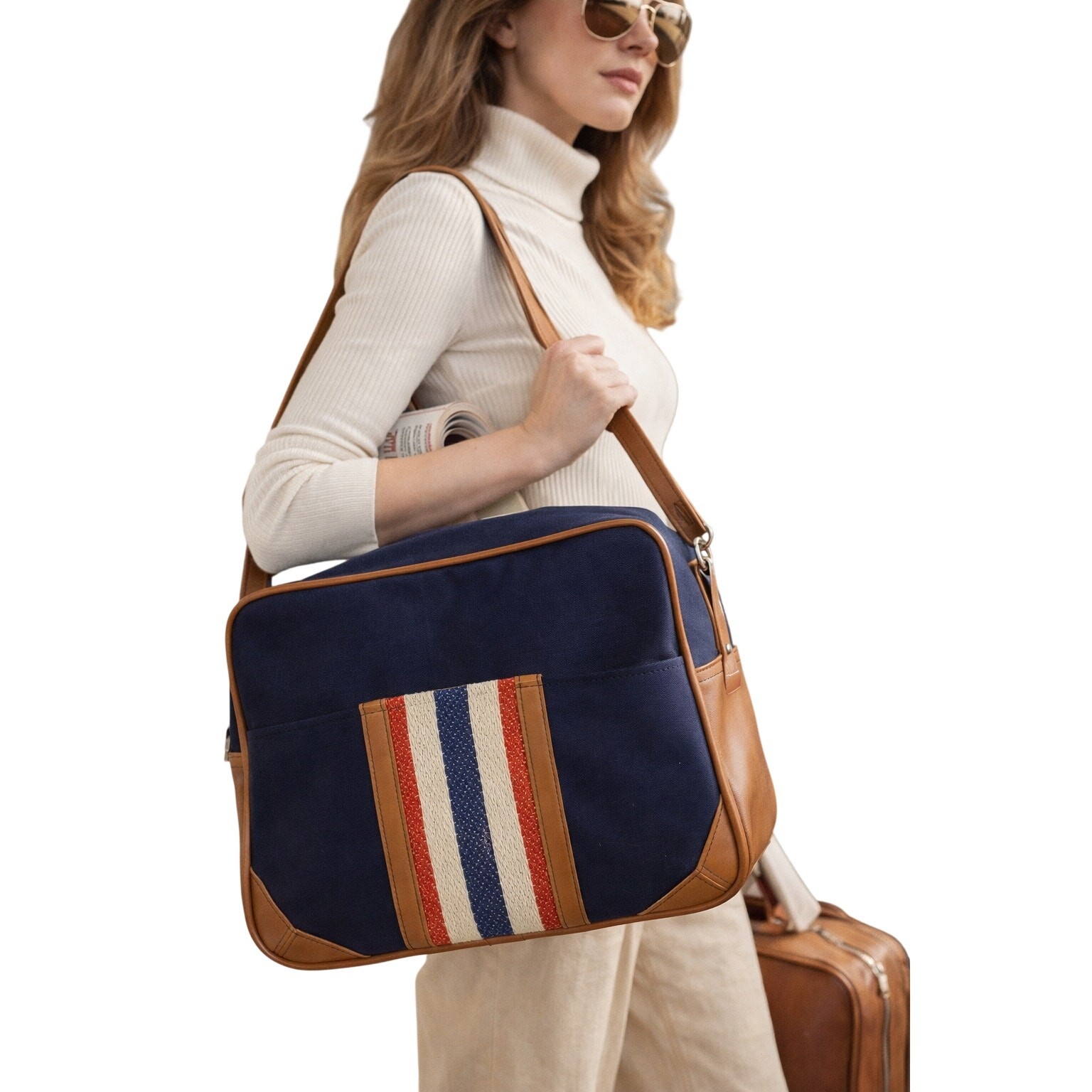 VTG 1970s American Luggage Airline Travel Bag Mod Blue Stripe Weekender