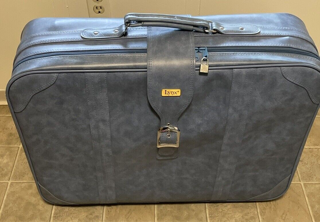 5 PCS Vintage LYNX Blue Vinyl SuitCase Luggage Set HTF W/ Lock & Key