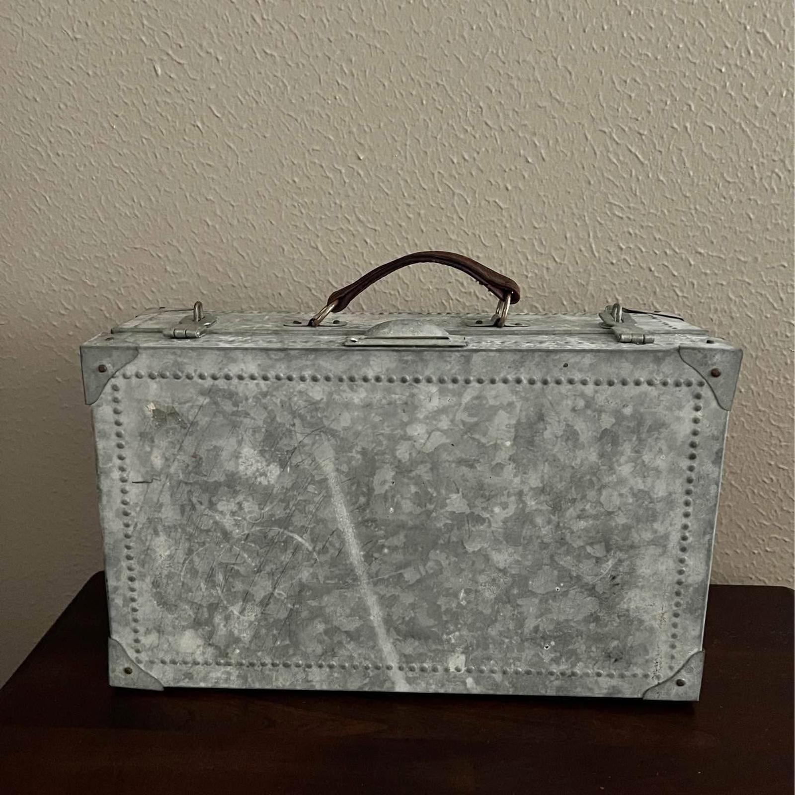 Vintage Aluminum Leather Handle Suitcase with Hasp Staple Closure for Locks