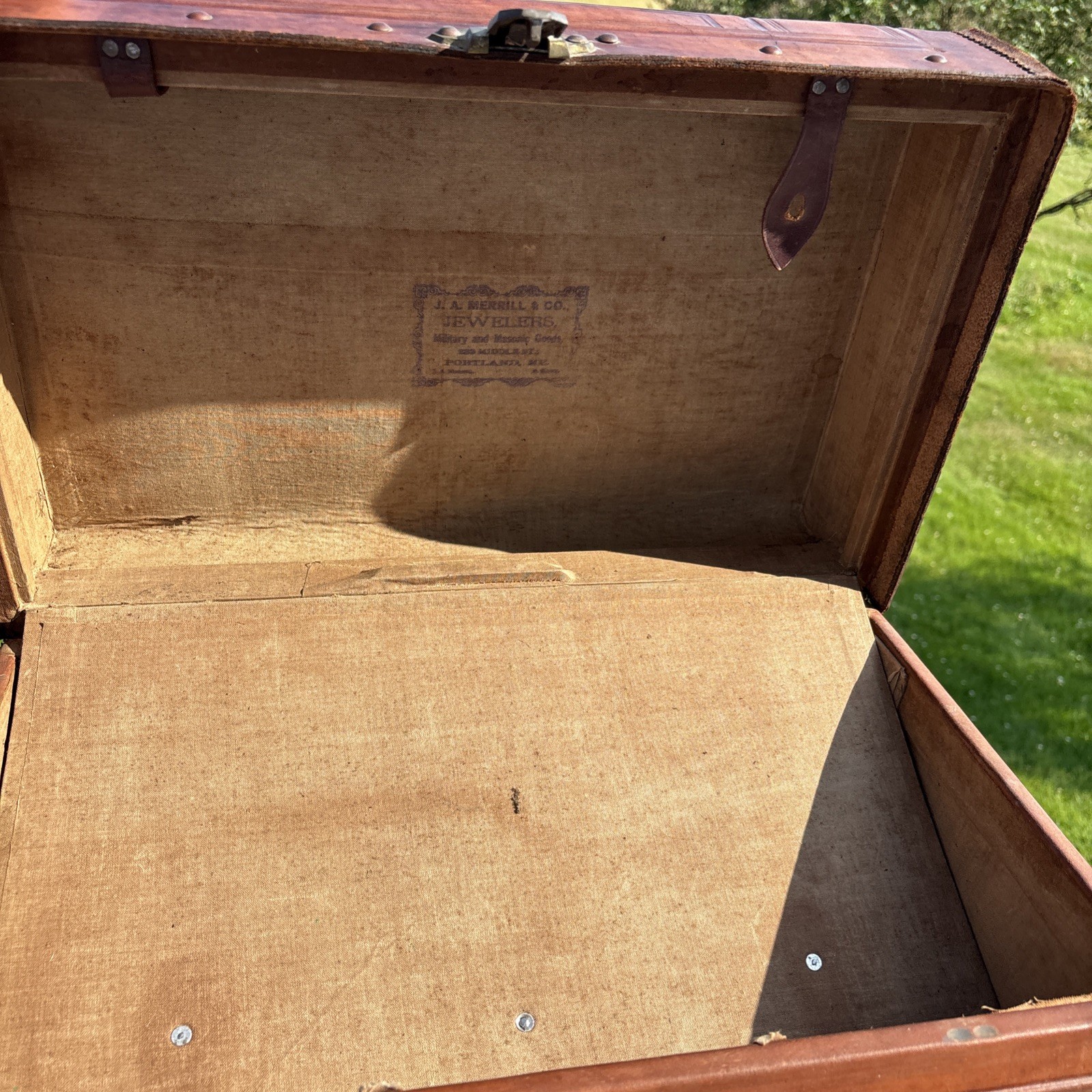 Old World European Antique Tooled Leather Suitcase Luggage 19x11x10 Decor Prop