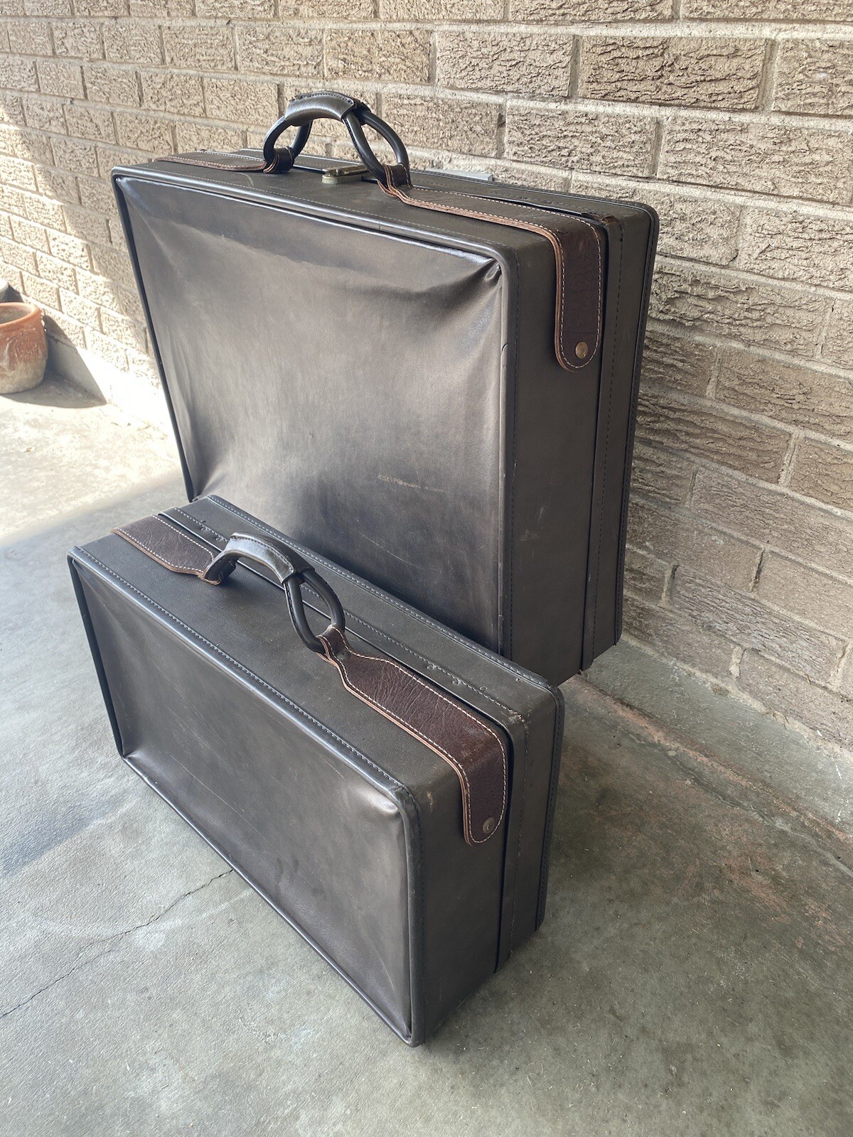 Vtg MCM 1950s Hartmann Leather Luggage Wardrobe Suitcase Matching 2 Piece 1 Key