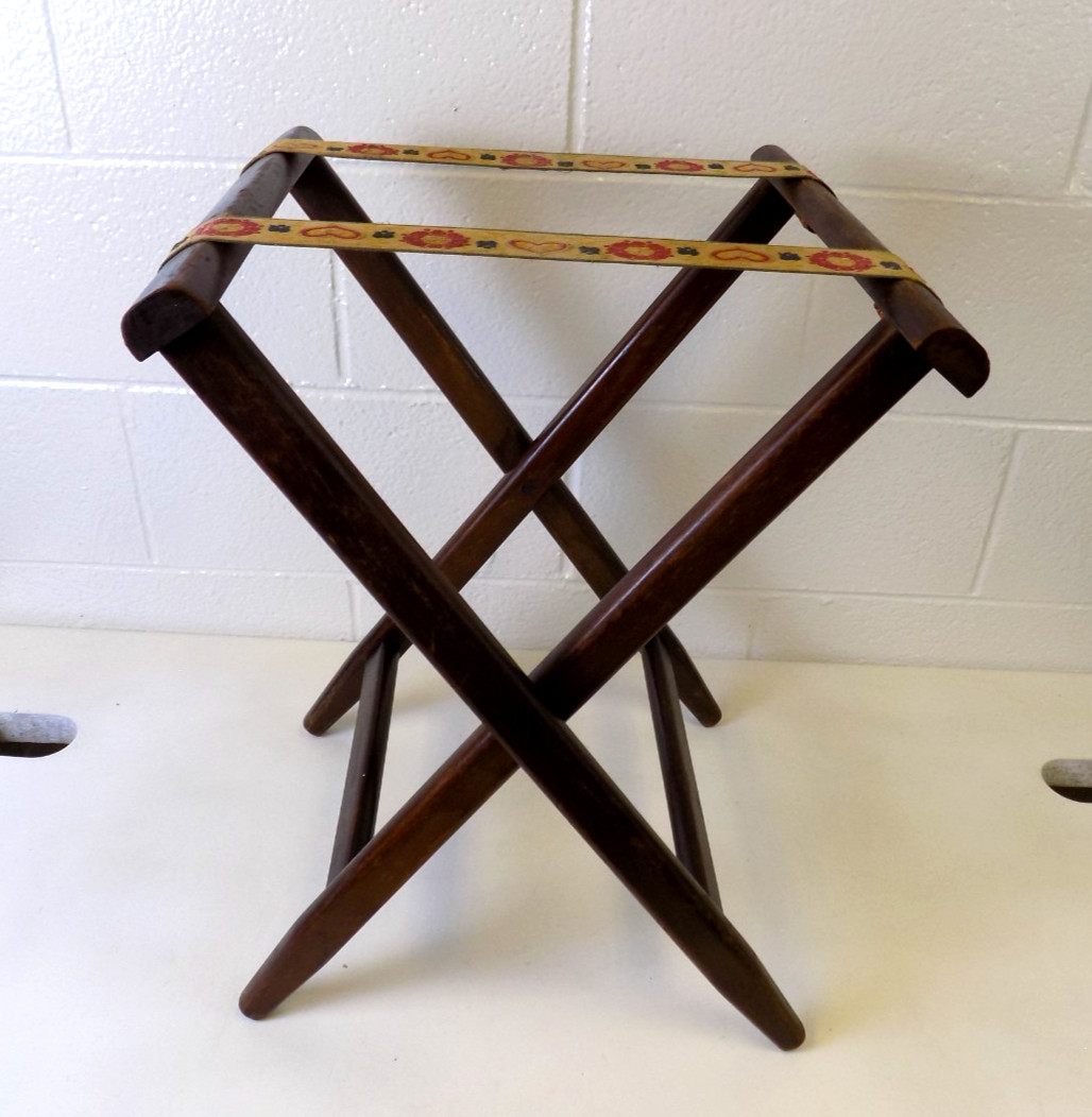 Vintage Wooden Folding Luggage Suitcase Rack Stand Floral Straps 21” AirBnb